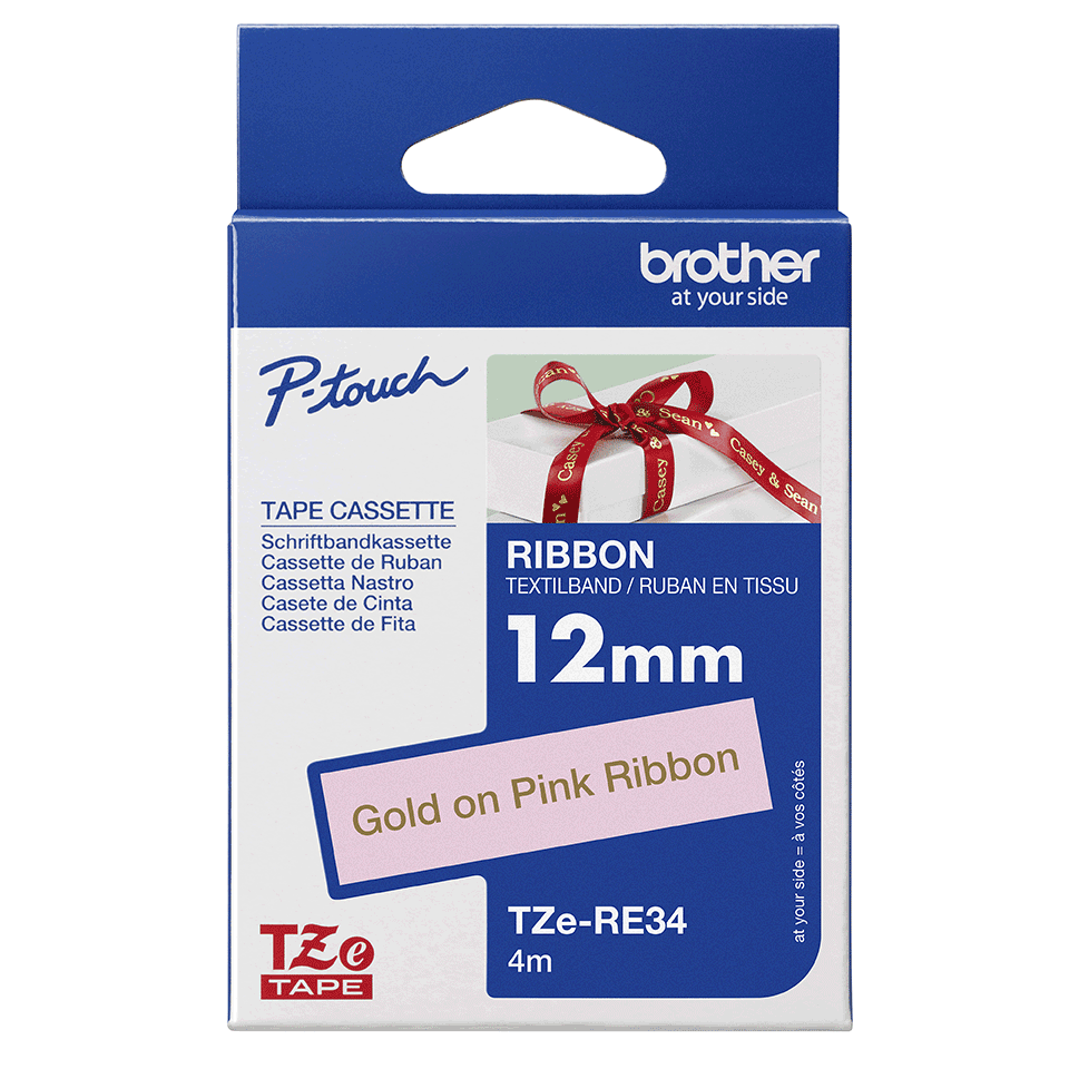 brother Textil-Schriftband TZe-RE34 TZERE34, 12 mm, gold auf rosa, 1 St.