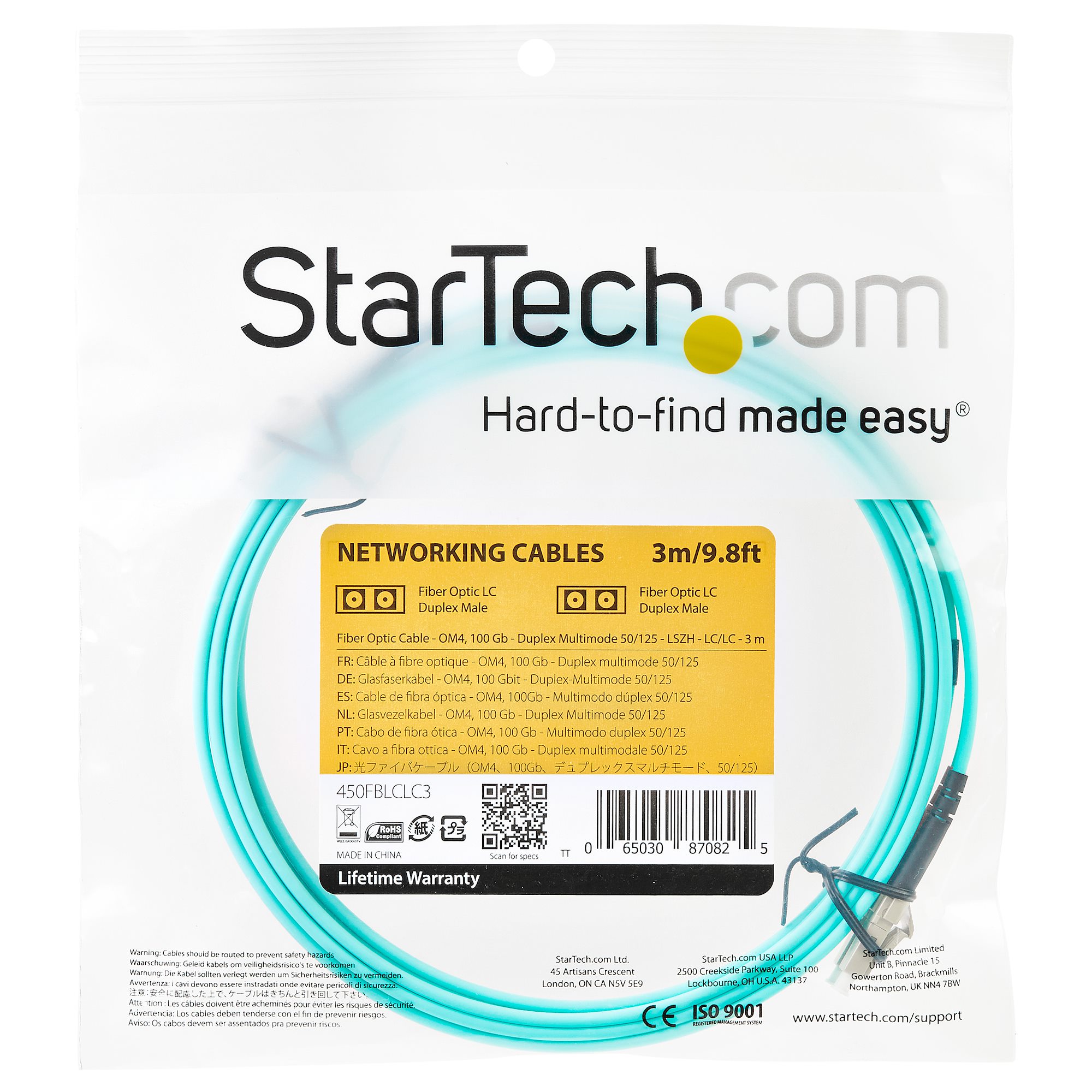 STARTECH.COM Aqua OM4 Duplex Multimode Fiber 3m / 9 ft 100 Gb 50/125 OM4 Fiber LC to LC Fiber Patch Cable
