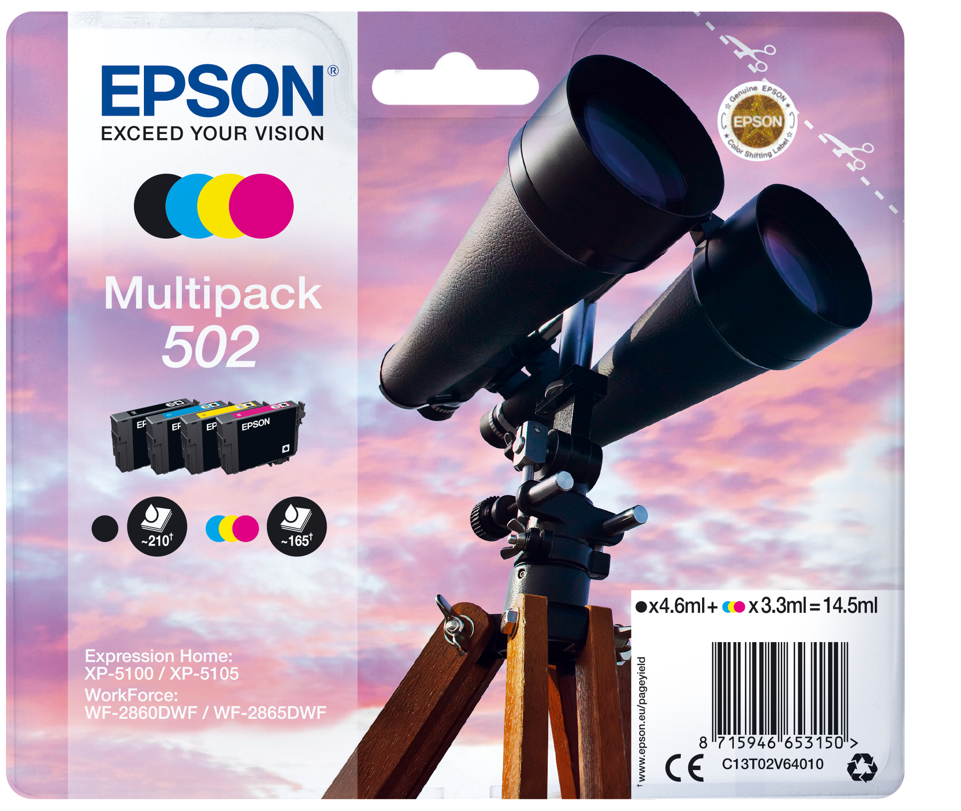EPSON 502/T02V64 (Fernglas) schwarz, cyan, magenta, gelb Druckerpatronen, 4er-Set