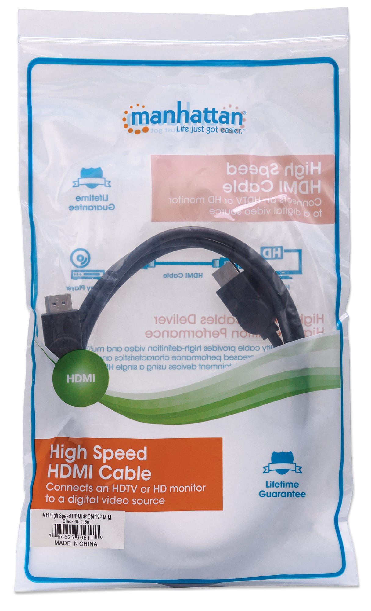MANHATTAN High Speed HDMI-Kabel ARC 3D 4K30Hz HDMI-Stecker auf HDMI-Stecker geschirmt schwarz 1,8m