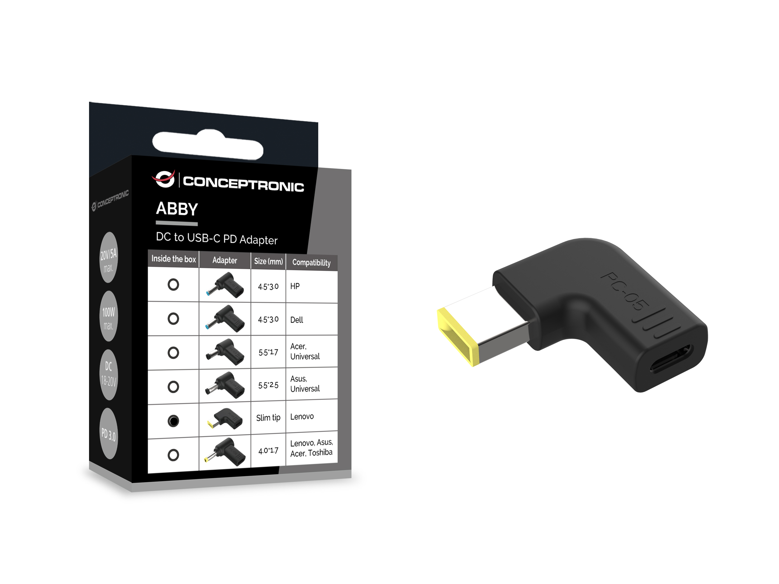 CONCEPTRONIC USB-C PD100W->Len./Uni.5.5x2.5mm Adap.18-20V sw