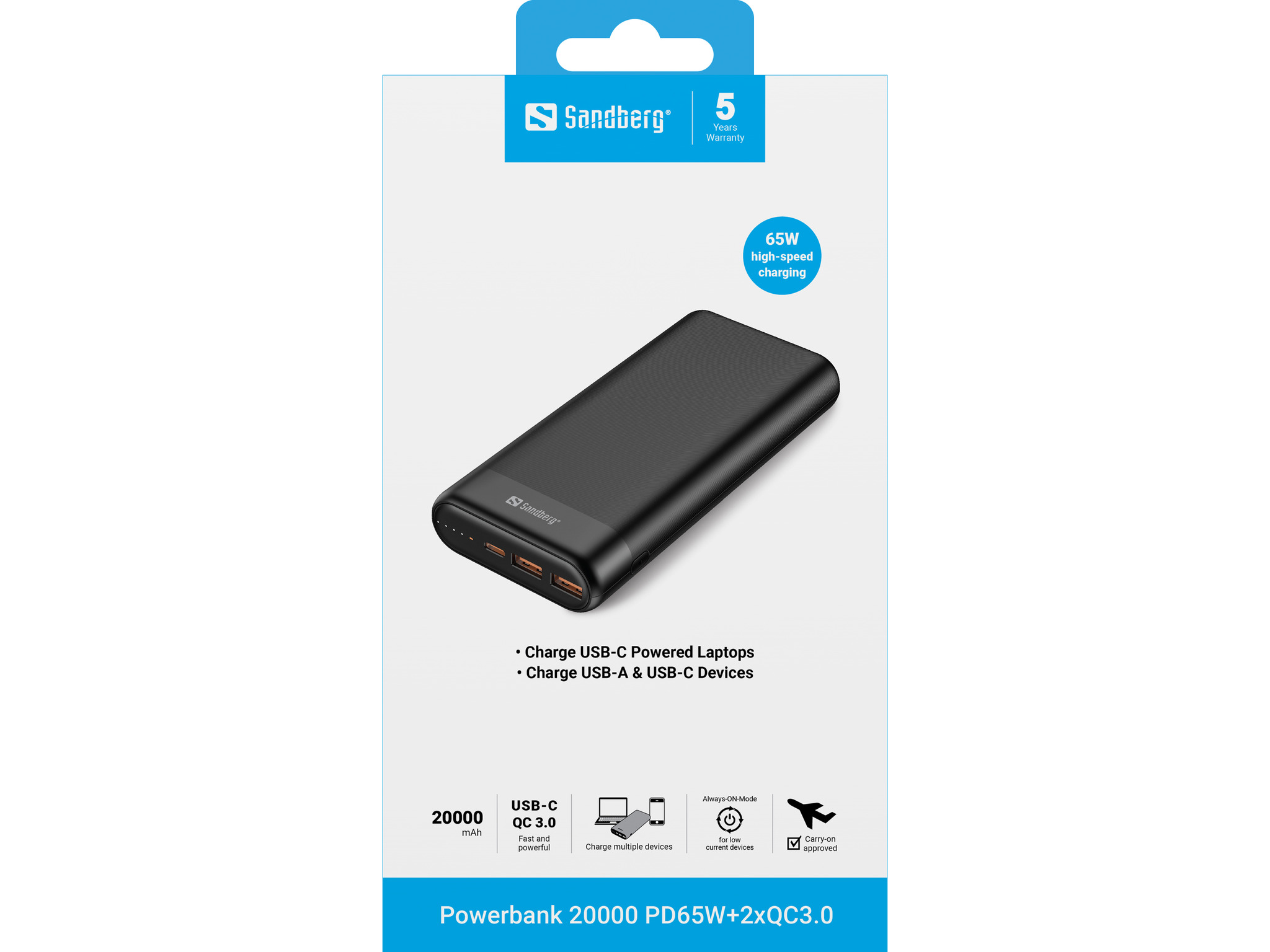 SANDBERG Powerbank 20000 USB-C PD65W + 2 x USB-A QC3.0