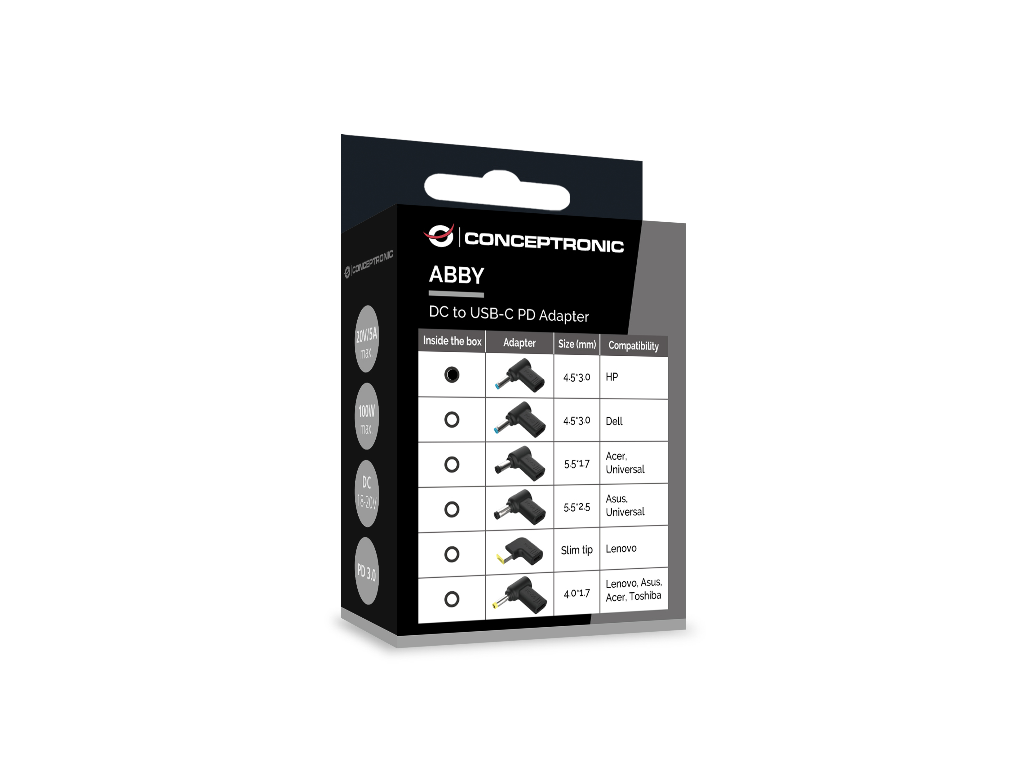 CONCEPTRONIC USB-C PD100W->HP 4.5x3.0mm Adap.18-20V sw
