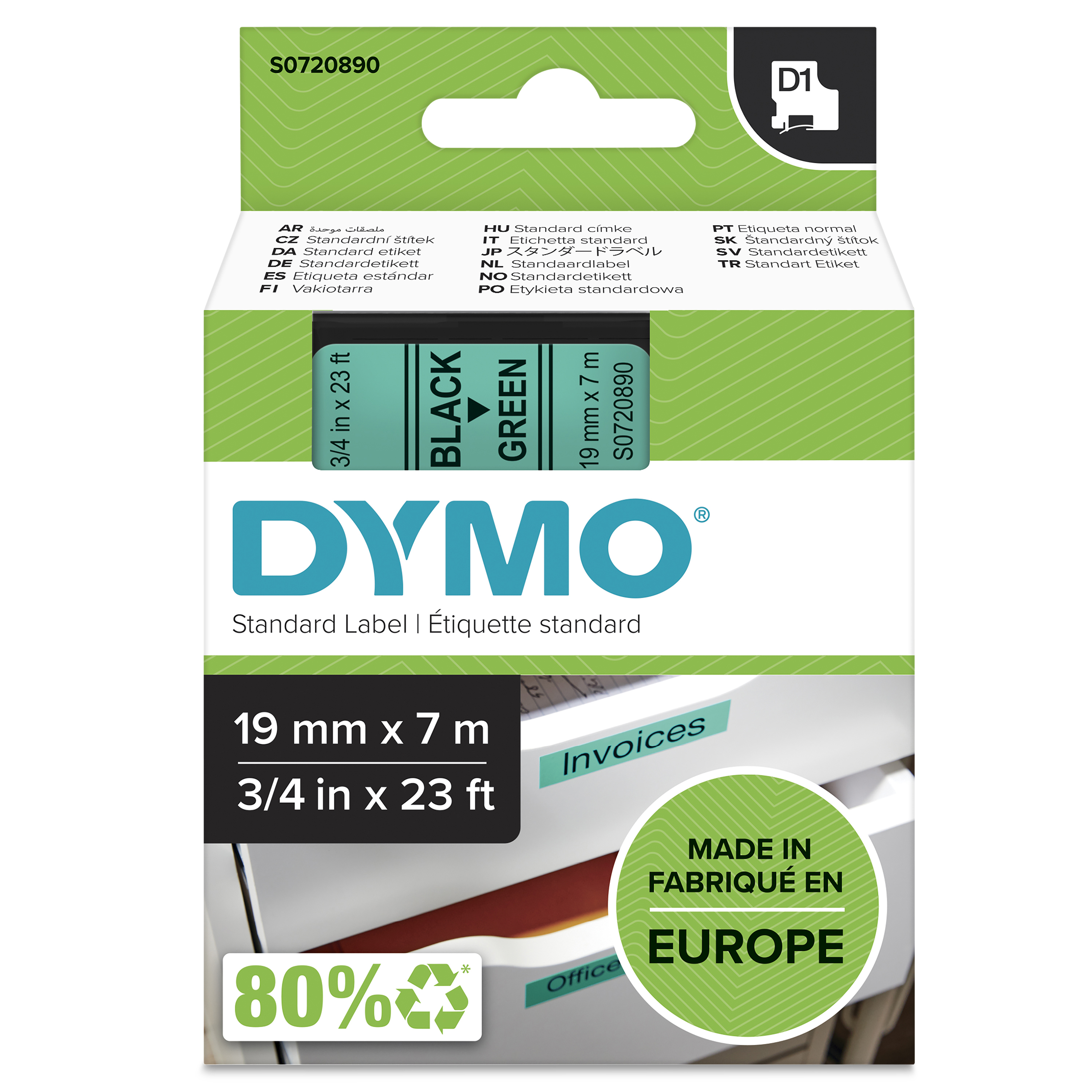 DYMO Schriftband D1 S0720890, 19 mm, schwarz auf grün, 1 St.