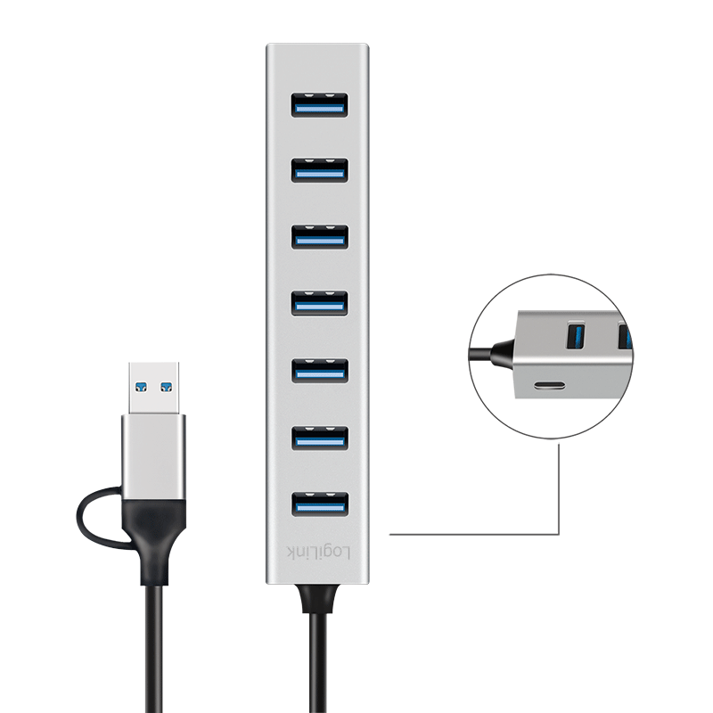 Logilink USB 3.0 HUB, 7-Ports, 7x USB-A, 5 Gbit/s, silber