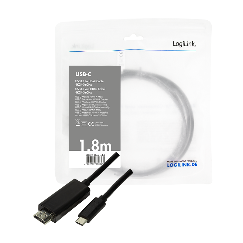 Logilink USB-C Kabel 3.2 Gen1 zu HDMI-A 4K/60 Hz, schw. 1,8m