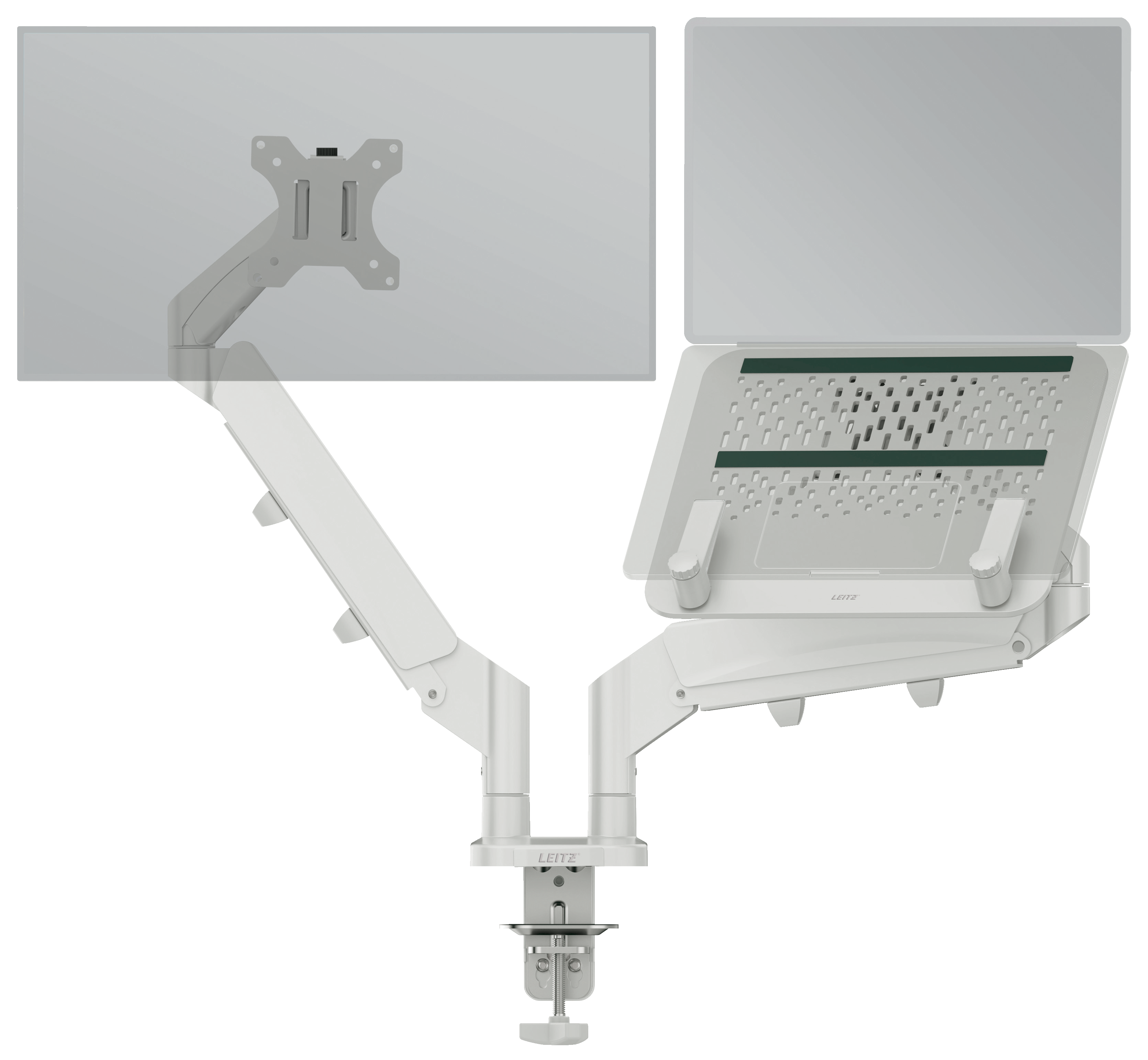 LEITZ Laptop-Monitor-Halterung Ergo 65380085 lichtgrau für 1 Monitor und 1 Laptop, Tischklemme