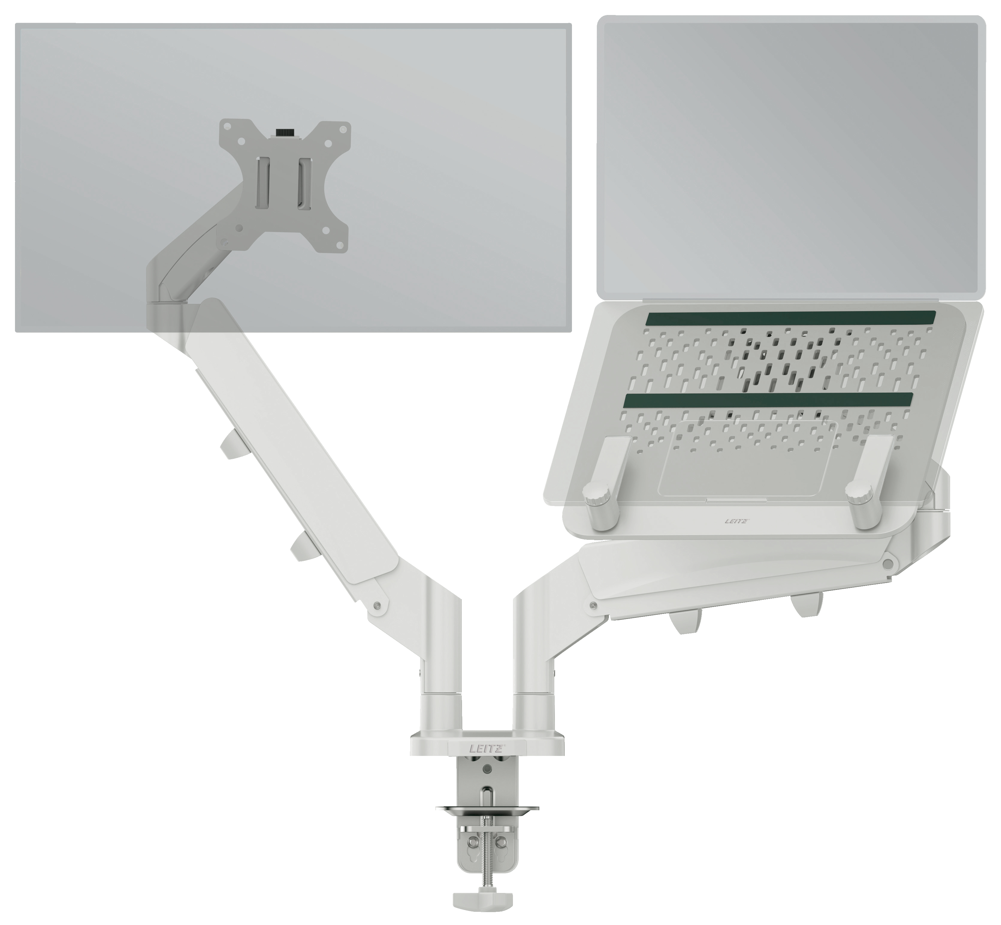LEITZ Laptop-Monitor-Halterung Ergo 65380085 lichtgrau für 1 Monitor und 1 Laptop, Tischklemme