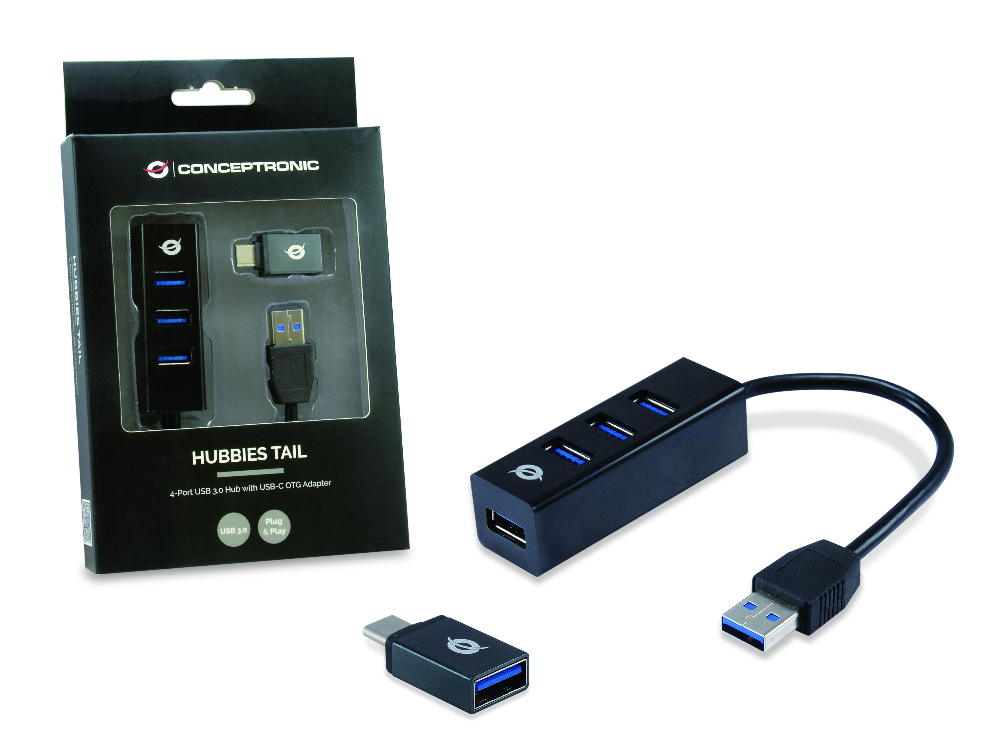 CONCEPTRONIC 4-Port Hub USB-A3.0/-C Adap.->4xA3.0 o.Netz. sw