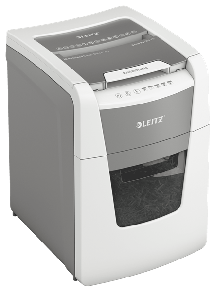 LEITZ IQ Autofeed Small Office 100 Aktenvernichter mit Partikelschnitt P-5, 2 x 15 mm, bis 100 Blatt, weiß