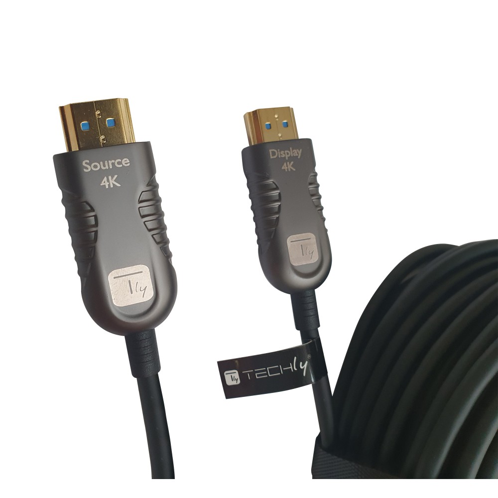 TECHLY AOC LWL HDMI Glasfaserkabel 15m 60Hz Schwarz Unterstuetzte Aufloesung 3840-2160 Stecker 19polig auf Stecker 19polig