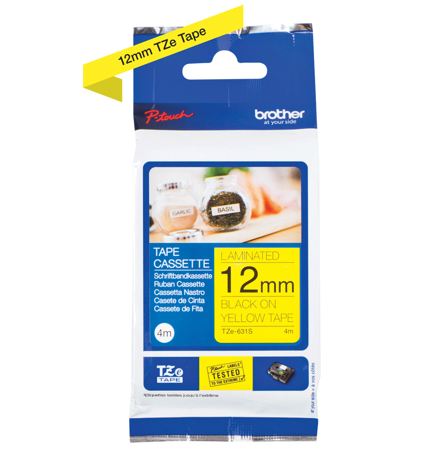 TZE-631S LAMINATED TAPE 12 MM BLACK ON YELLOW