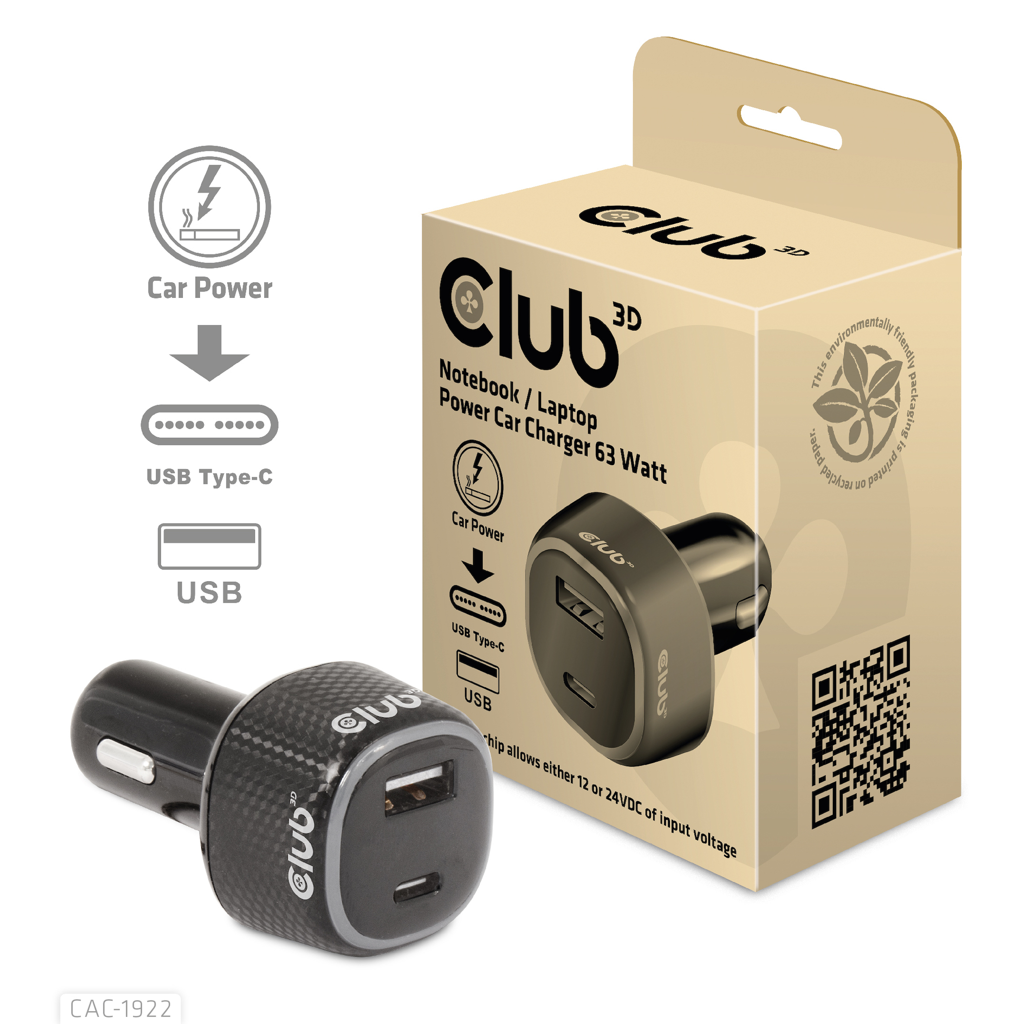 Club3D USB KFZ-Ladegerät 1xUSB C, 1xUSB A, 63W, 12/24V retail