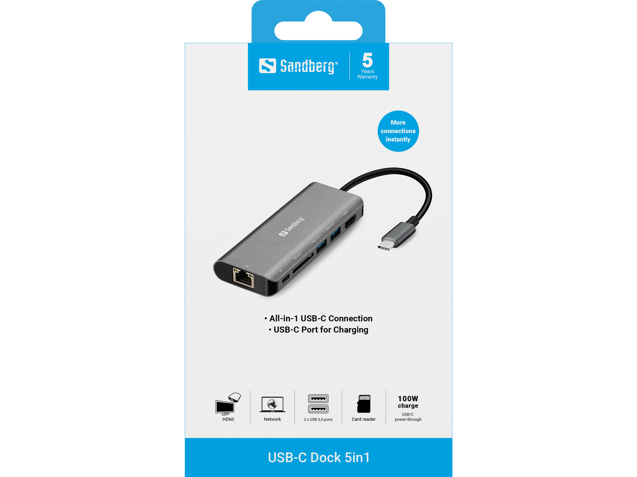 SANDBERG Adapter USB-C Dock HDMI+LAN+SD+USB,61W