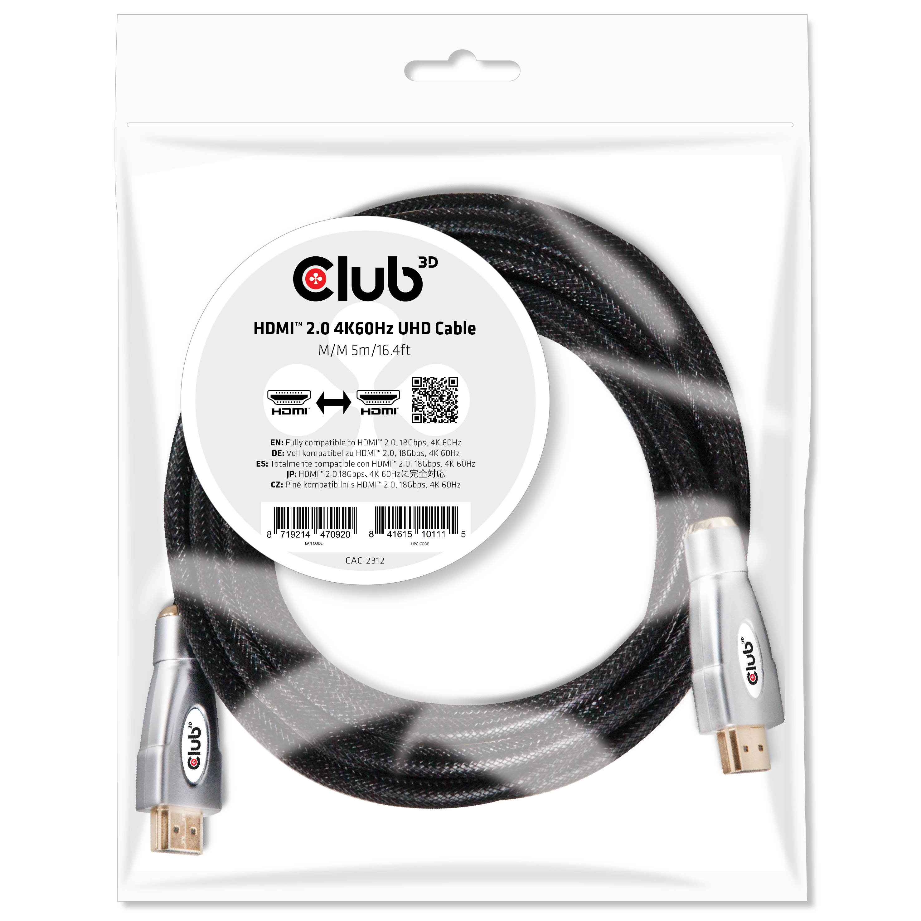 Club3D HDMI-Kabel A -> A 2.0 High Speed 4K60Hz UHD 5 Meter Polybeutel