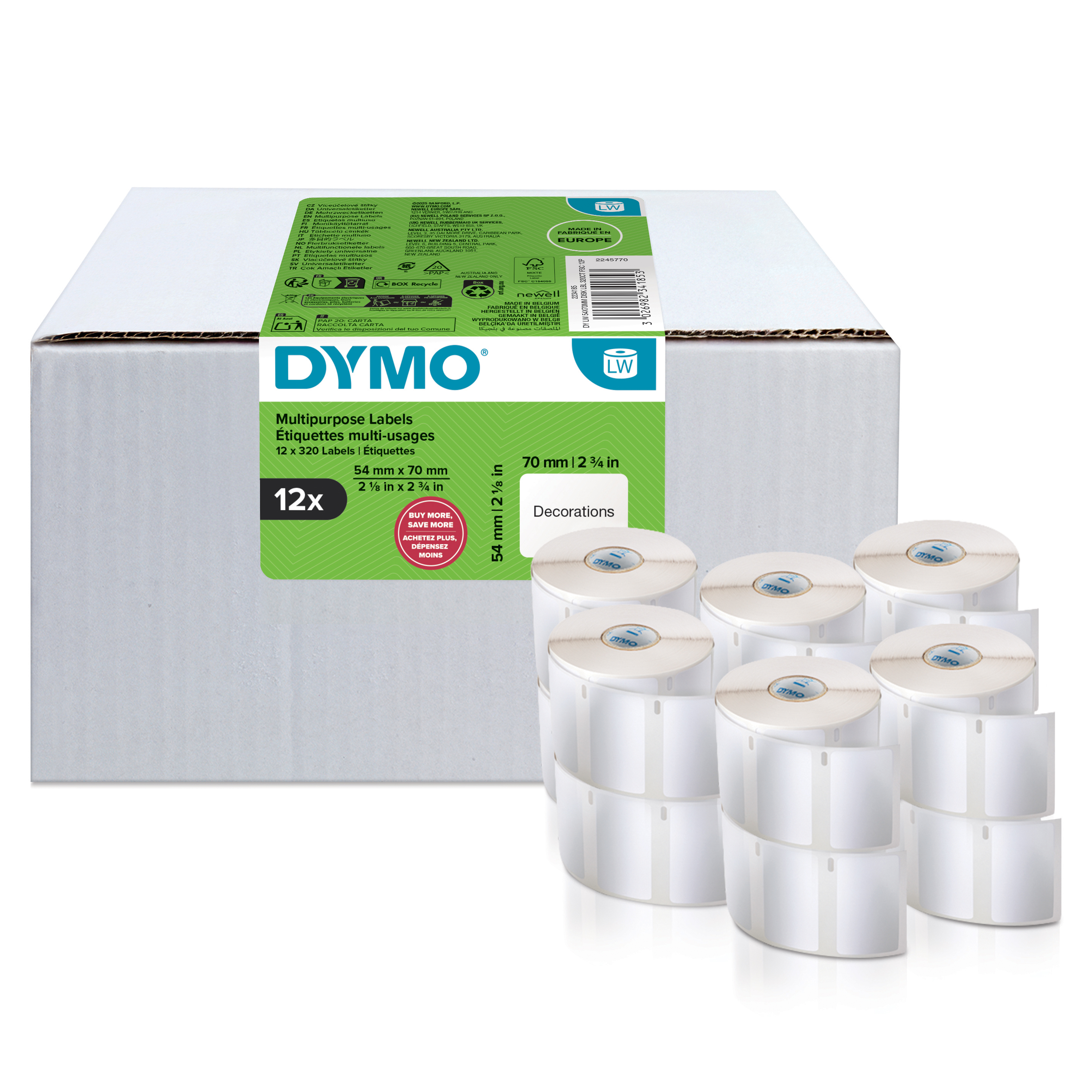 DYMO Etikettenrolle für Etikettendrucker weiß, 54,0 x 70,0 mm, 12 x 320 Etiketten