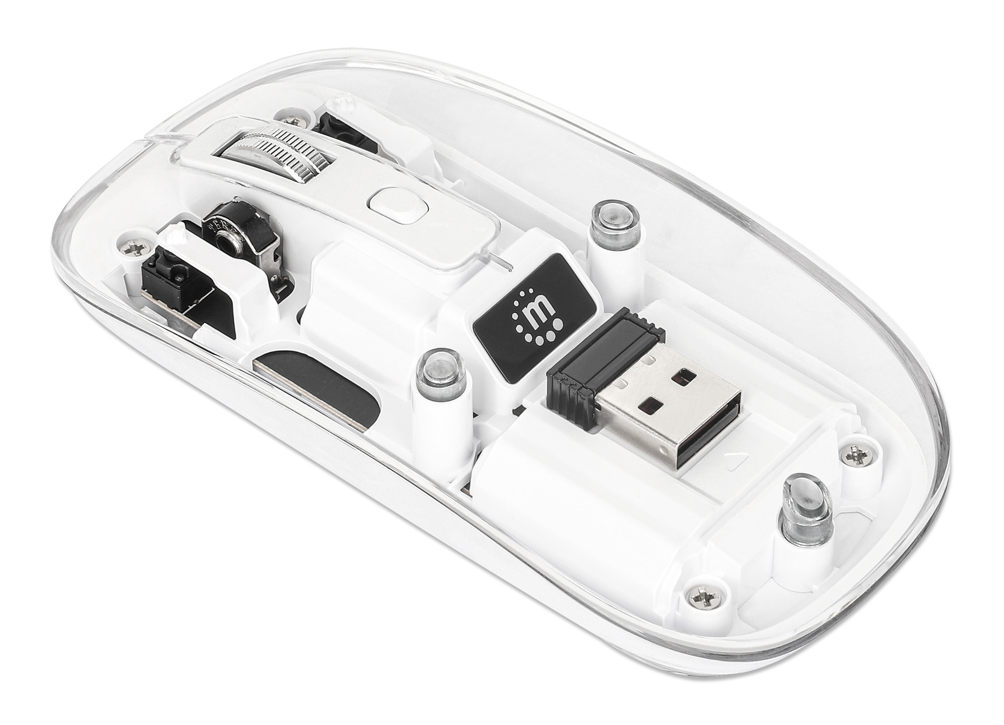 MANHATTAN Transparente Wiederaufladbare Kabellose Maus LED-Beleuchtung USB-A-Mikroempfänger Links-/Rechtshänder durchsichtig/weiss