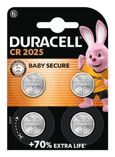 DURACELL Knopfzellen CR 2025 Lithium 3,0 V, 4 St.