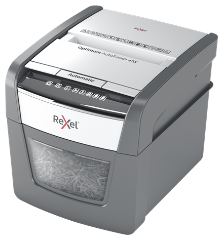 Rexel Optimum AutoFeed+ 45X Aktenvernichter mit Partikelschnitt P-4, 4 x 28 mm, bis 45 Blatt, schwarz