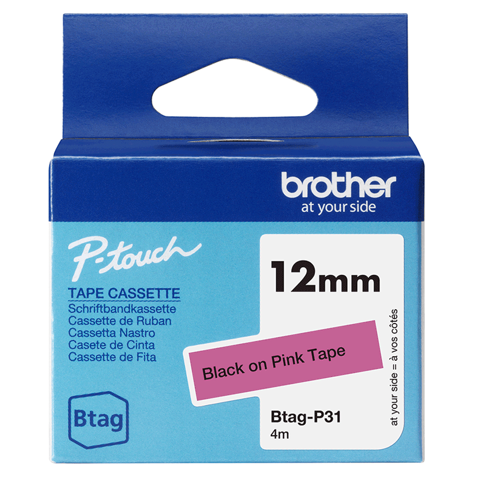 brother Schriftband Btag BTAGP31, 12 mm, schwarz auf pink, 1 St.