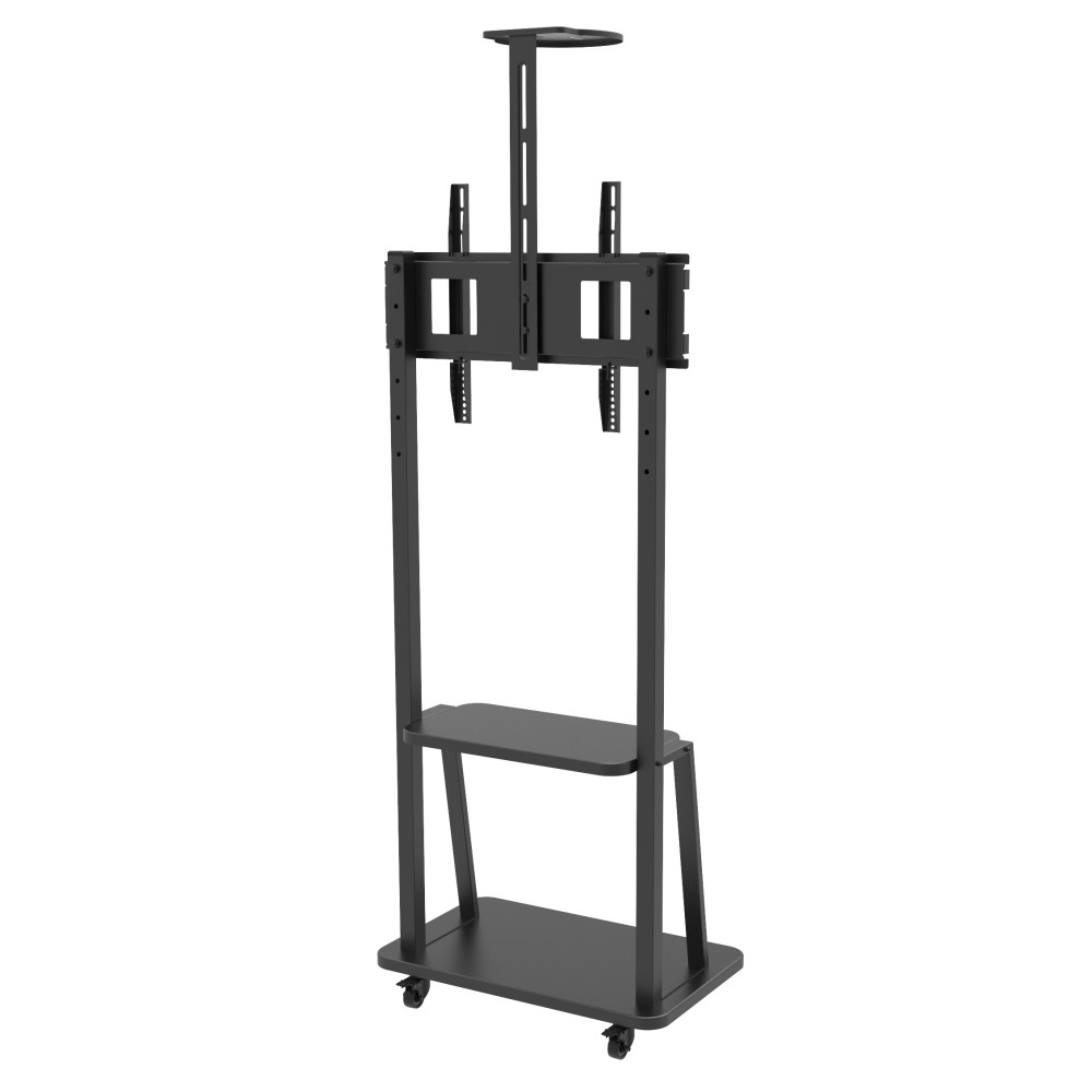 TECHLY Boden TV Halter fuer 32-70Zoll Fernseher Schwarz Hoehenverstallbarer Rollwagen mit 2 Ablagen Traglast max. 60Kg