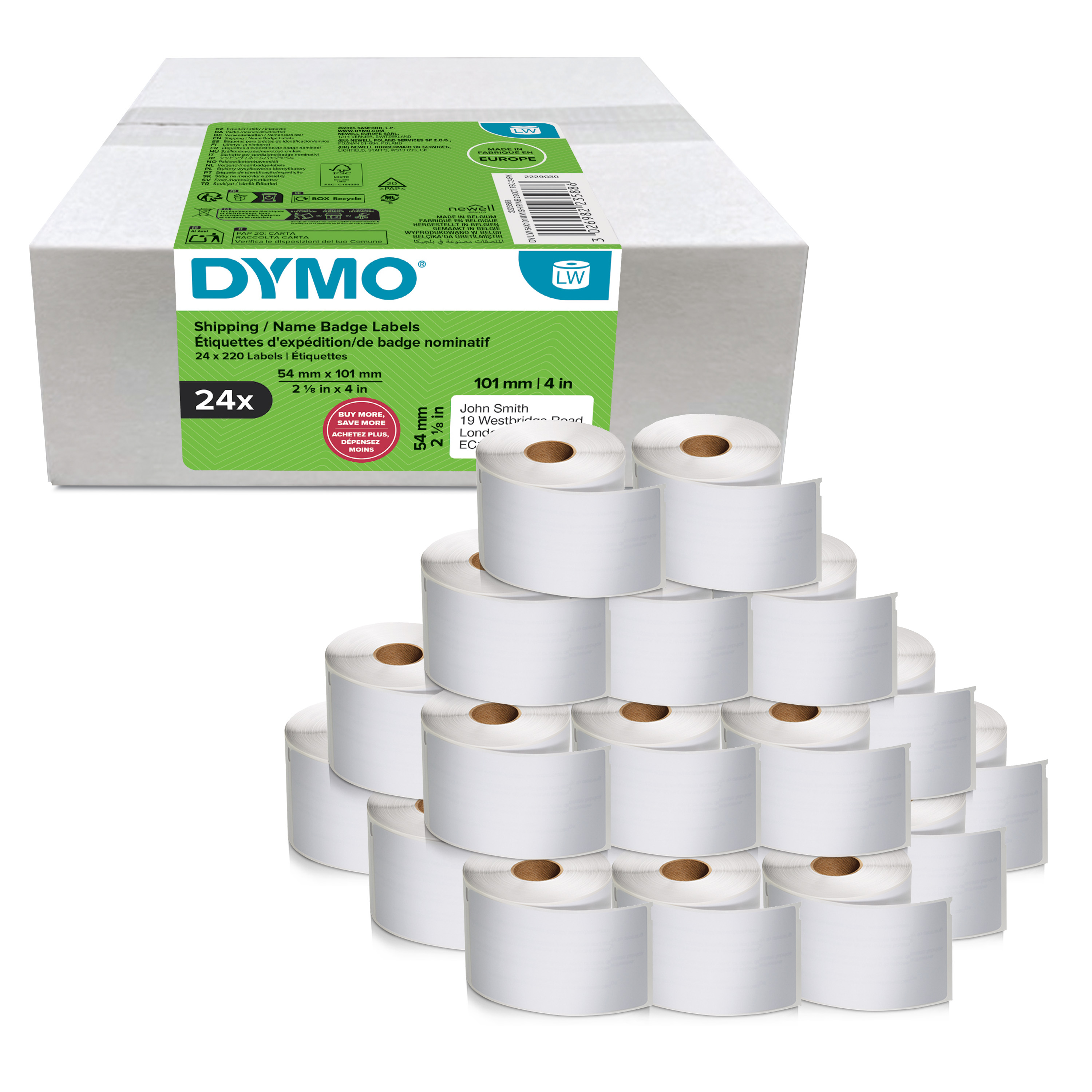 DYMO Etikettenrollen für Etikettendrucker weiß, 54,0 x 101,0 mm, 24 x 220 Etiketten
