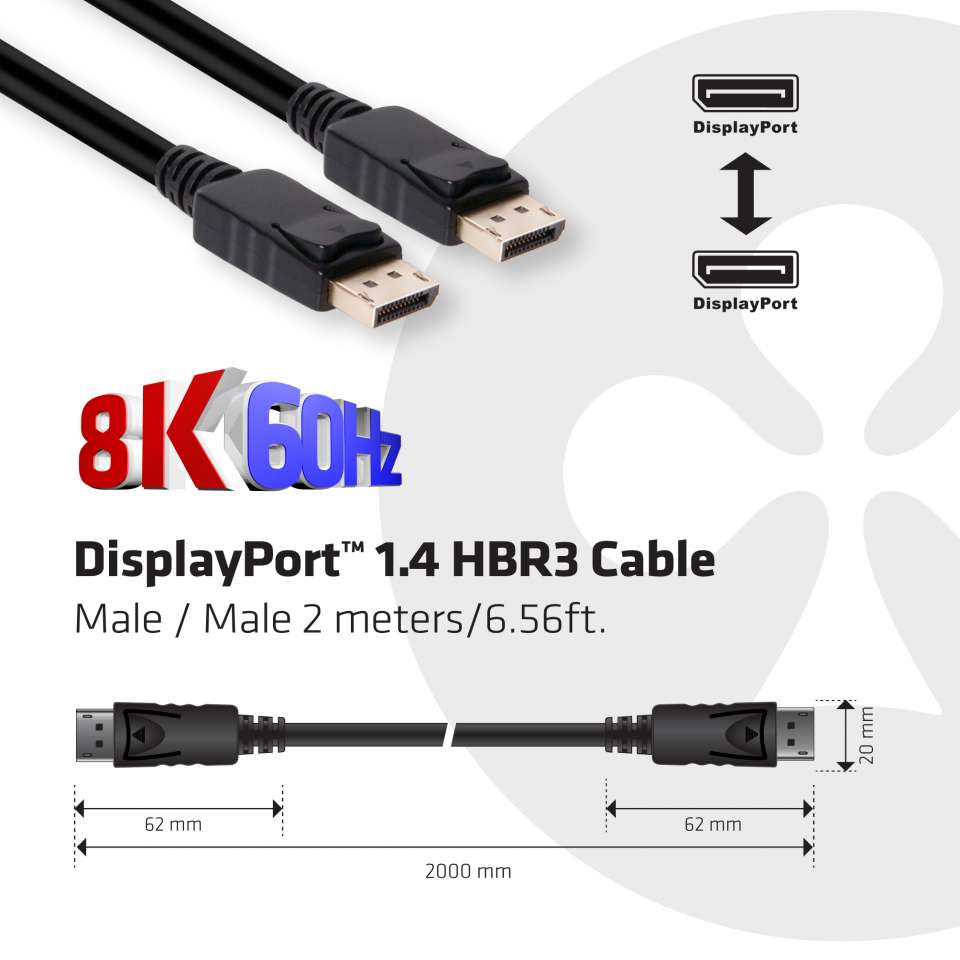 Club3D DisplayPort-Kabel 1.4 HBR3 32,4Gb/s 2m 8K60Hz St/St Polybeutel