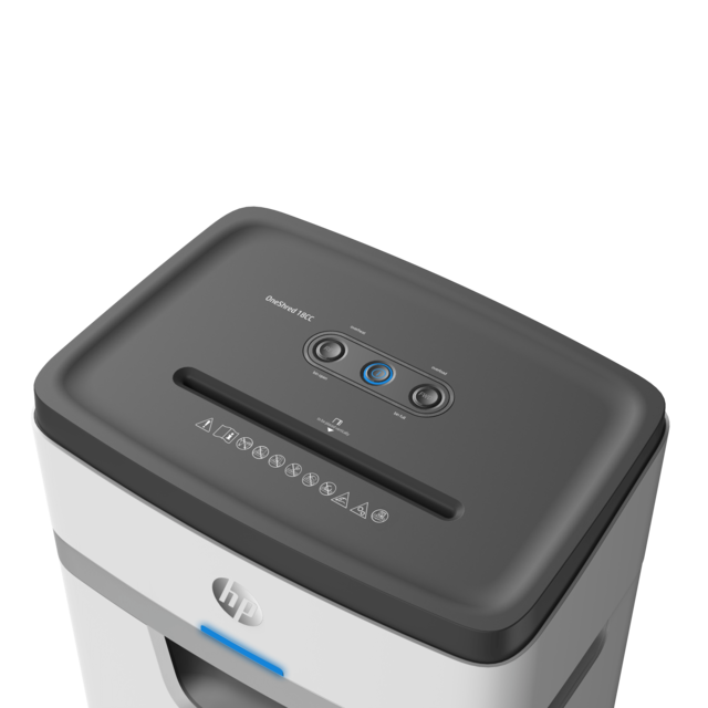HP OneShred 18CC Aktenvernichter mit Partikelschnitt P-4, 4 x 35 mm, bis 18 Blatt, weiß