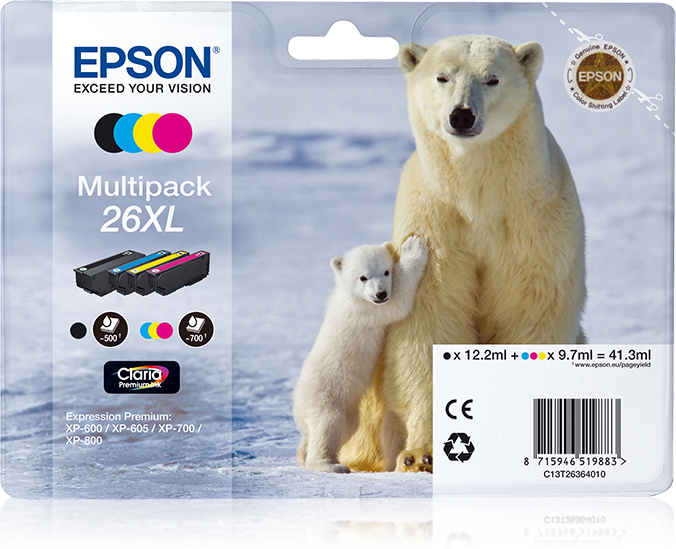 EPSON 26XL / T2636XL (Eisbär) schwarz, cyan, magenta, gelb Druckerpatronen, 4er-Set