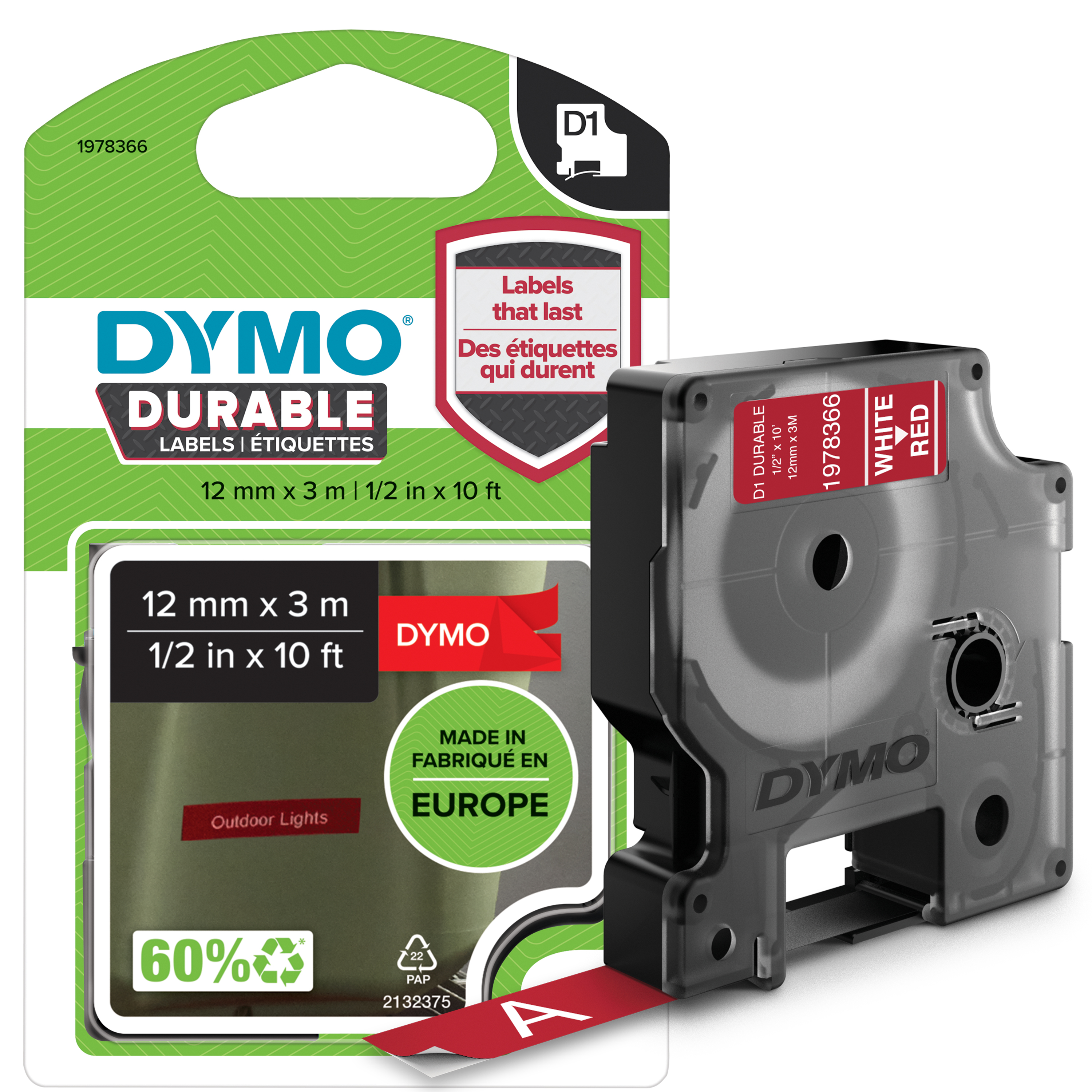 DYMO Schriftband D1 1978366, 12 mm, weiß auf rot, 1 St.