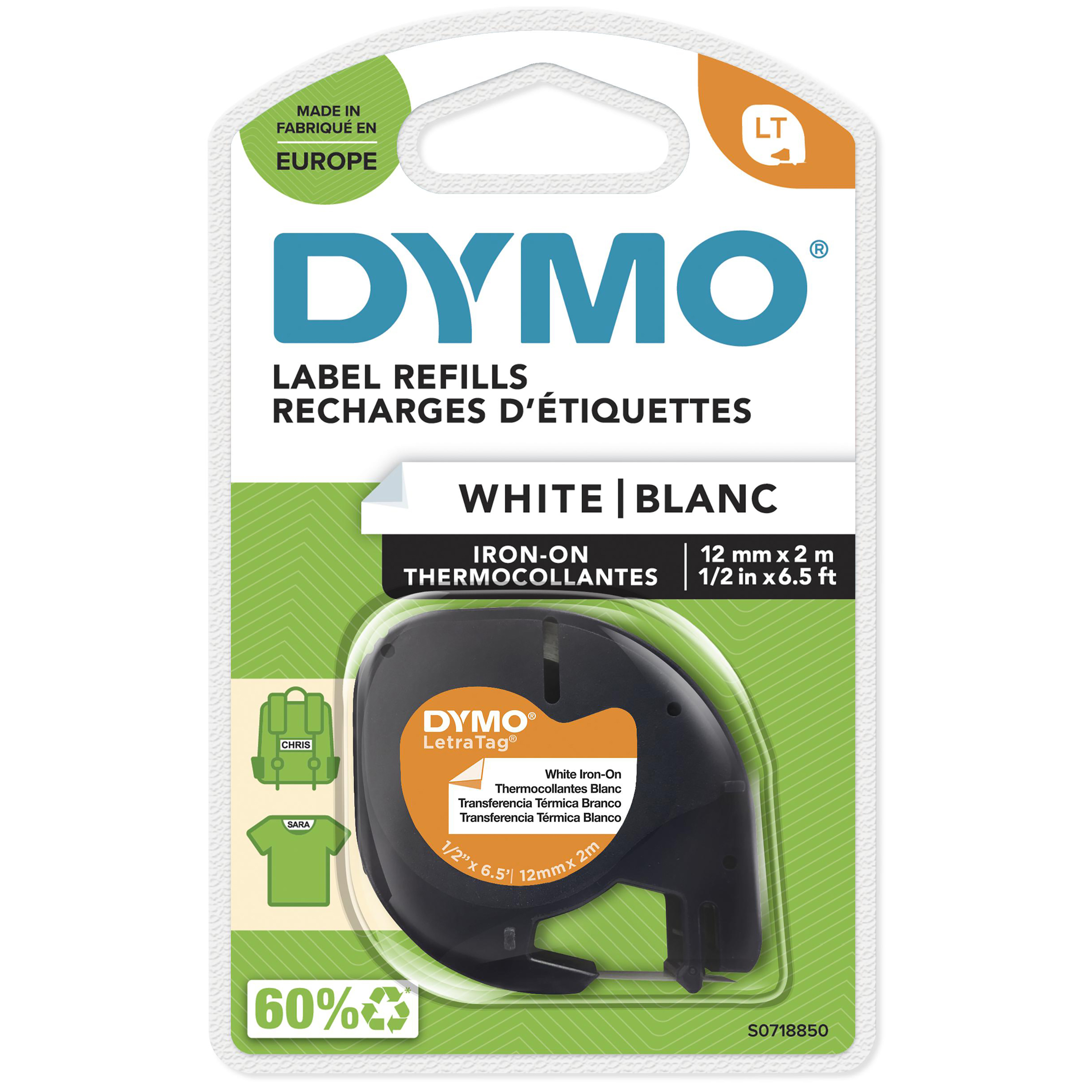 DYMO Textil-Schriftband LetraTag 18768 S0718850, 12 mm, schwarz auf weiß, 1 St.