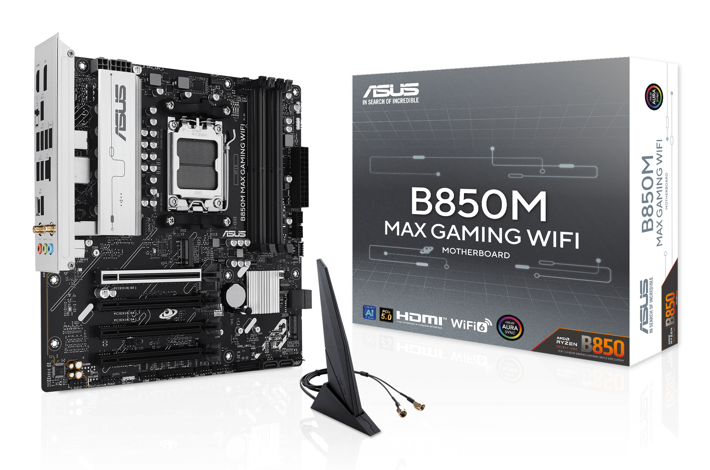 ASUS B850M MAX GAMING WIFI AMD AM5 mATX motherboard 4xDDR5 PCIe 5.0 3xM.2 1xHDMI 1xDisplayPort 4xSATA
