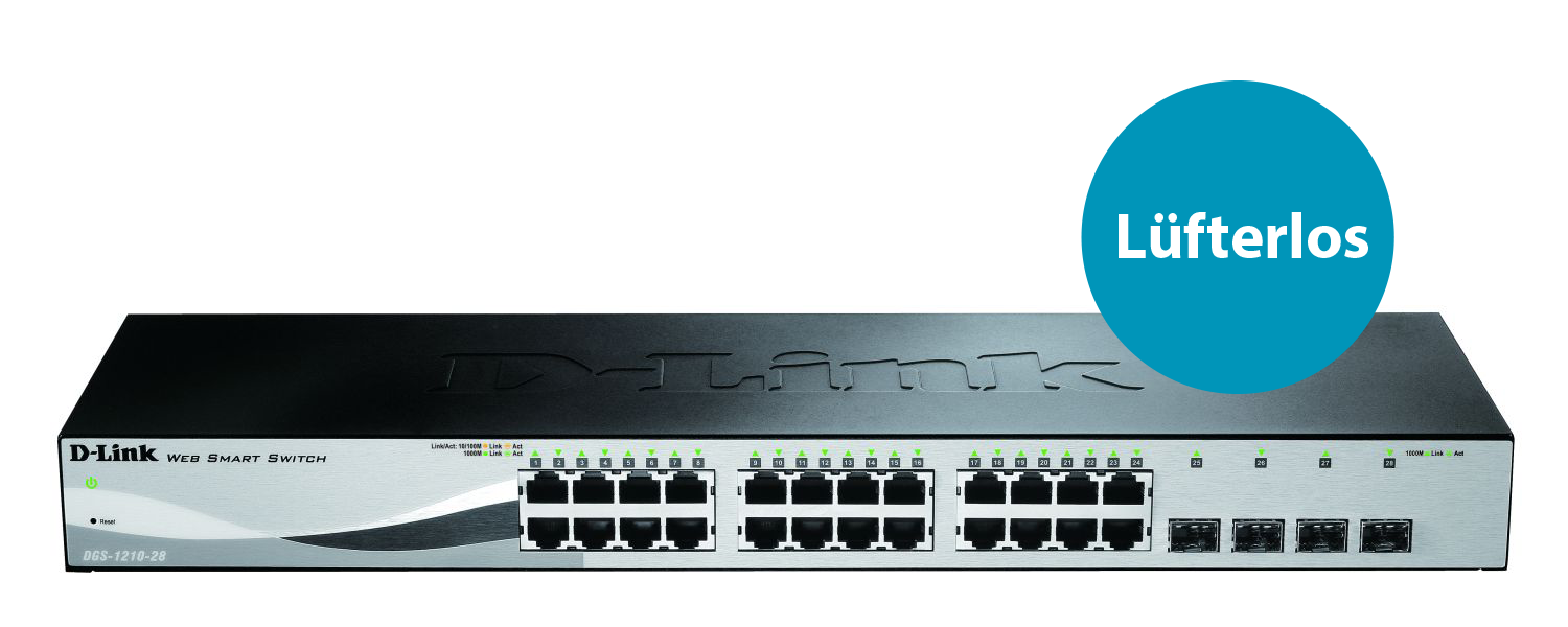 D-LINK DGS-1210-28/E 28-Port smart managed Gigabit Switch 24x 10/100/1000 4x TP Combo Port/SFP Slot lüfterlos 19Zoll Metallgehäuse