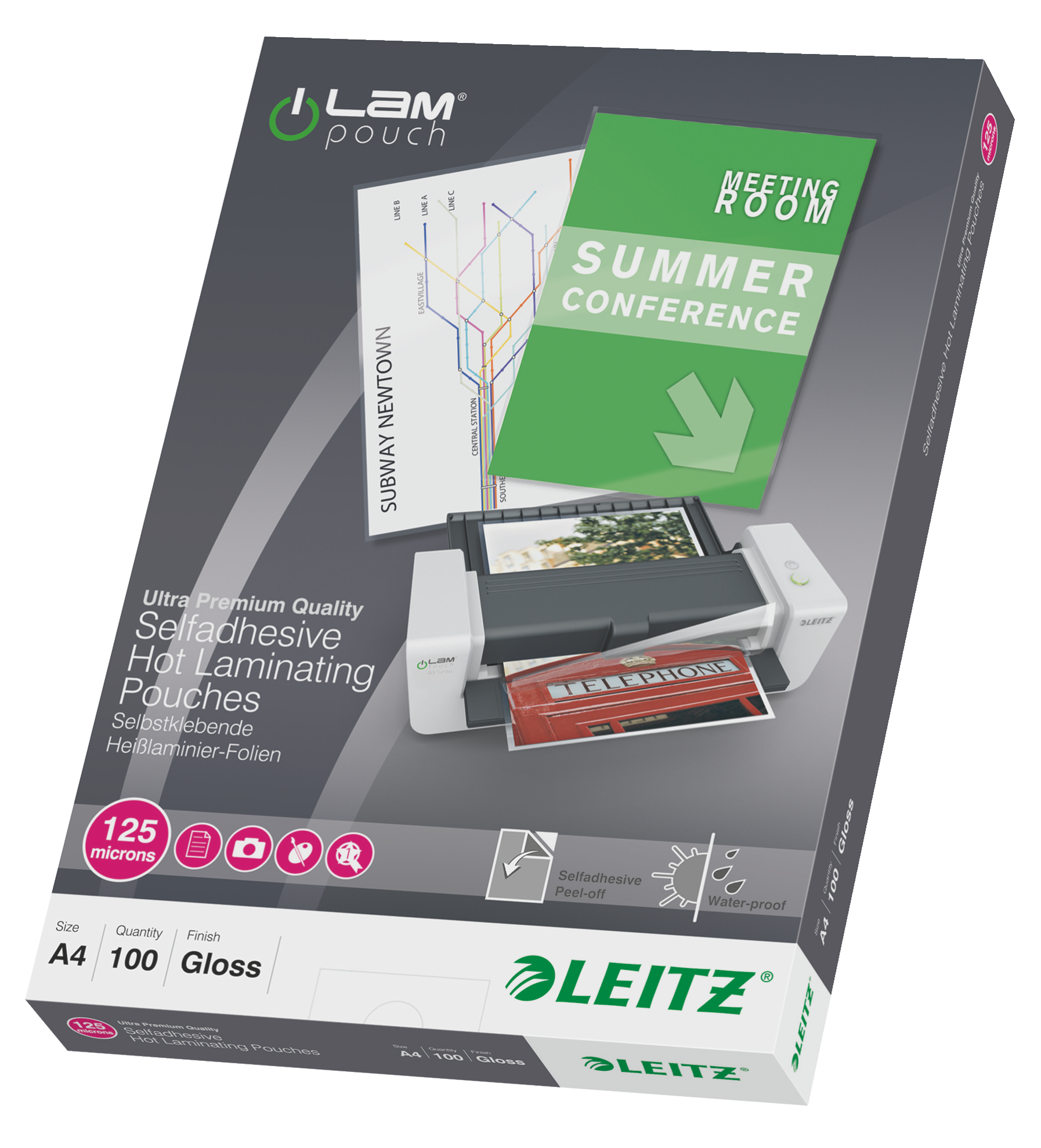 LEITZ Laminierfolien glänzend für A4 125 micron selbstklebender Rücken, 100 St.