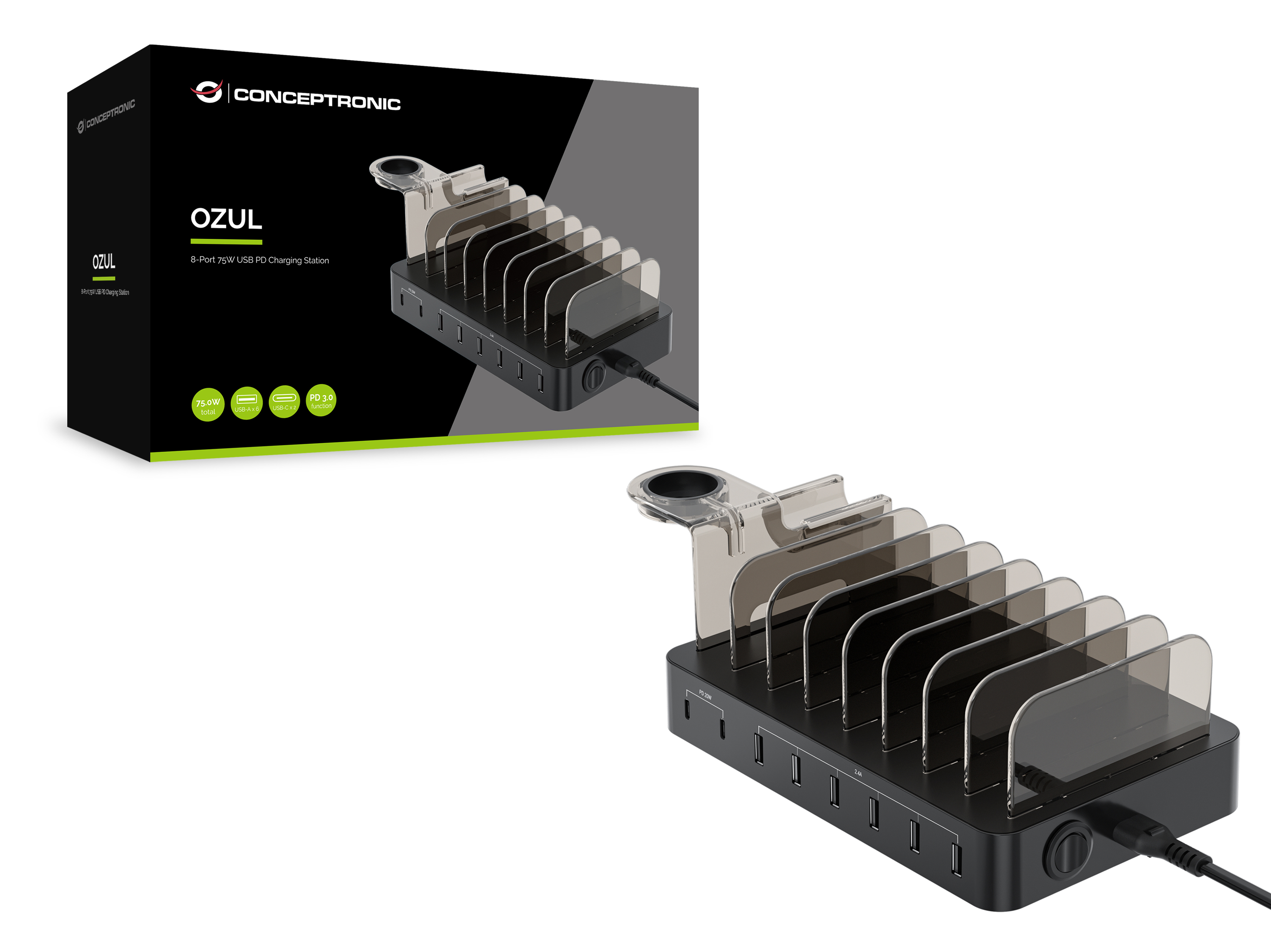 CONCEPTRONIC Ladegerät 8Port 6xUSB-A/2xC Multi 75WPD3.0 sw