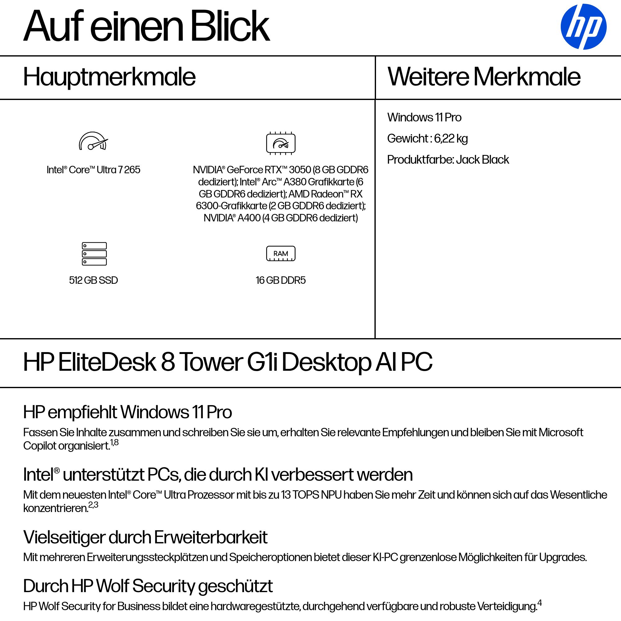 HP EliteDesk 8 Tower G1i Intel Core Ultra 7 265 16GB 512GB/SSD W11P 3J Gar (DE)