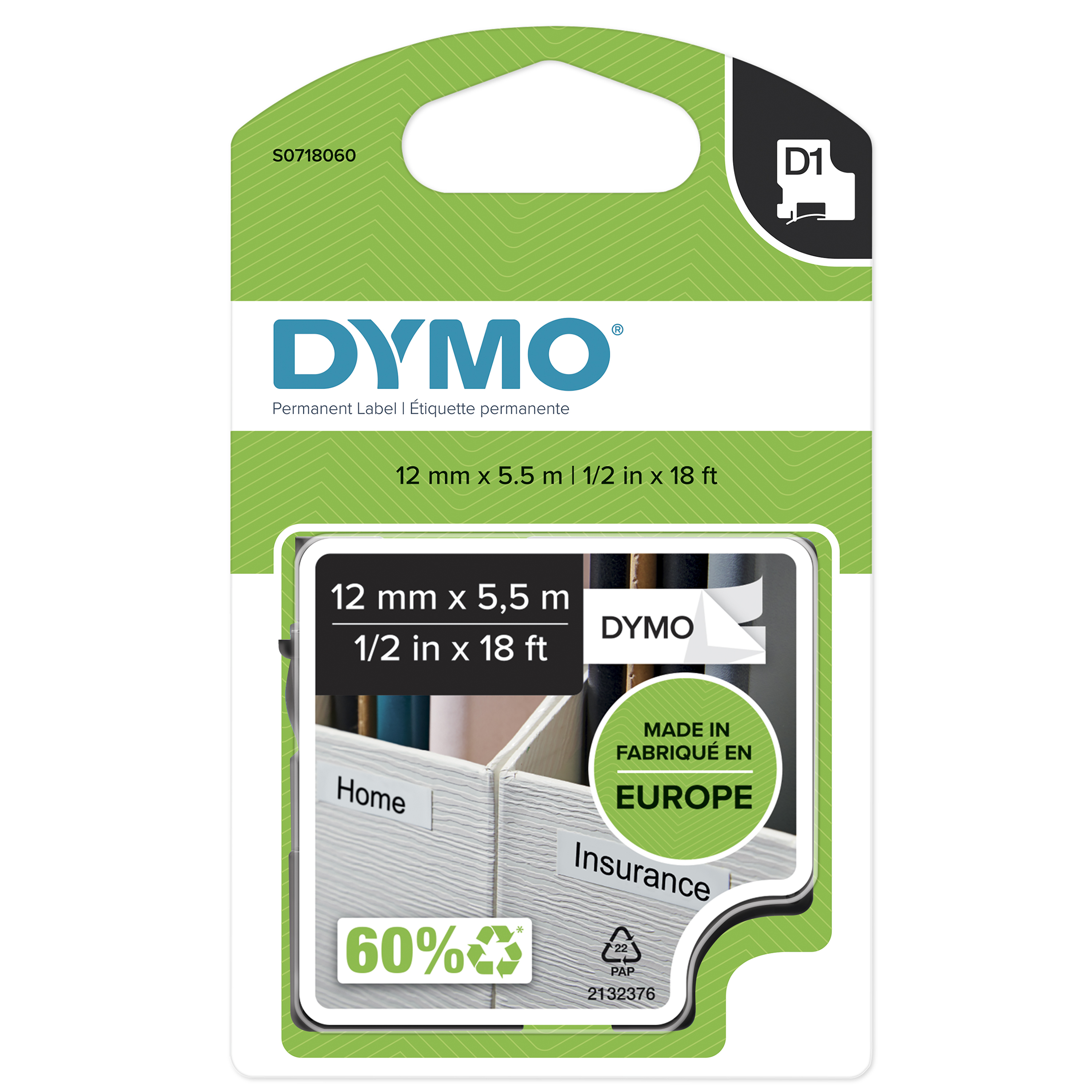 DYMO Schriftband D1 16959 S0718060, 12 mm, schwarz auf weiß, 1 St.