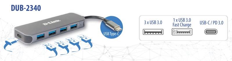 D-LINK DUB-2340 USB-C-Hub 3x USB-A 3.0 1x USB-A 3.0 Fast Charge 1x USB-C PD 3.0 mit Ladefunktion bis 60W