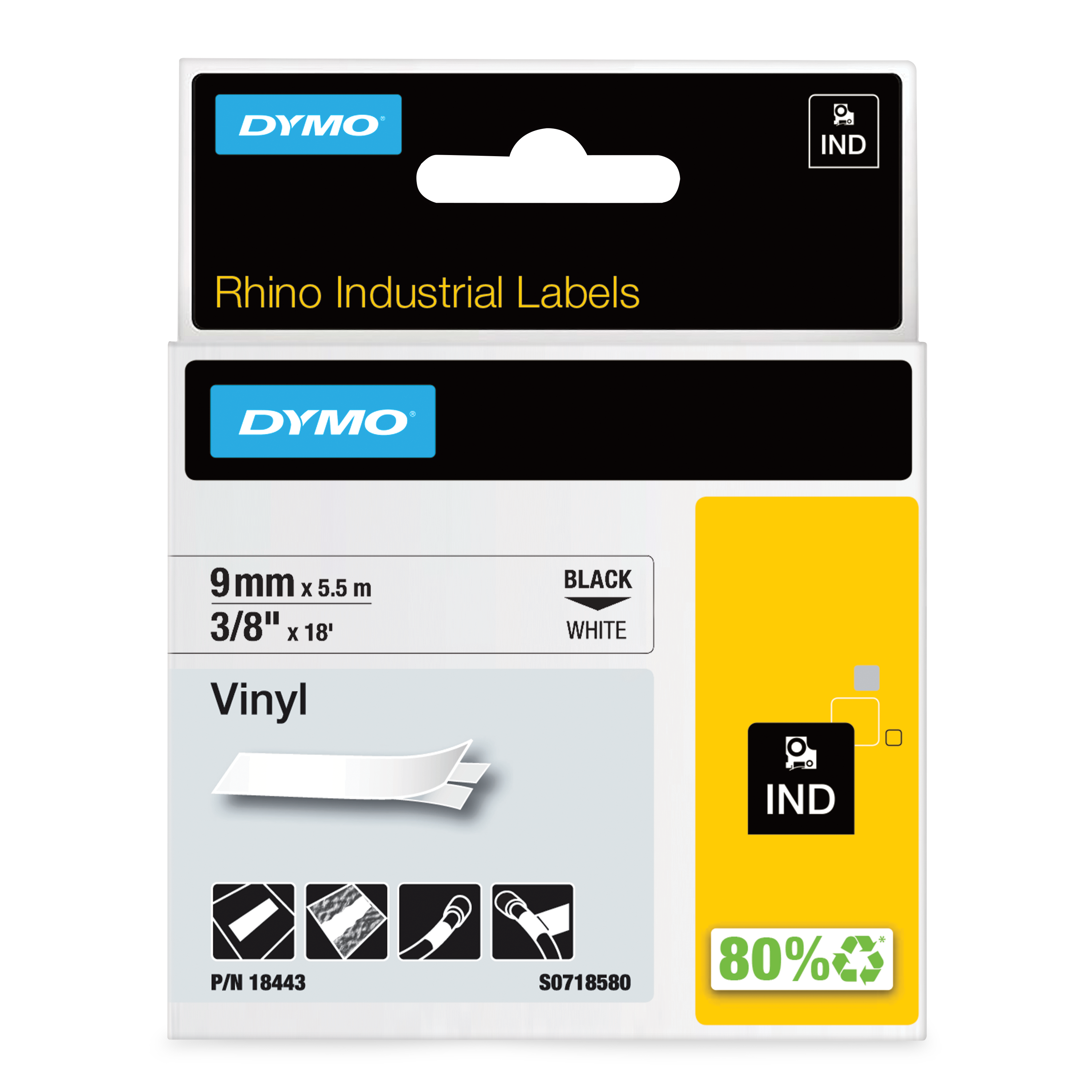 DYMO Rhino Band Vinyl 9mmx5.5m schwarz->weiß