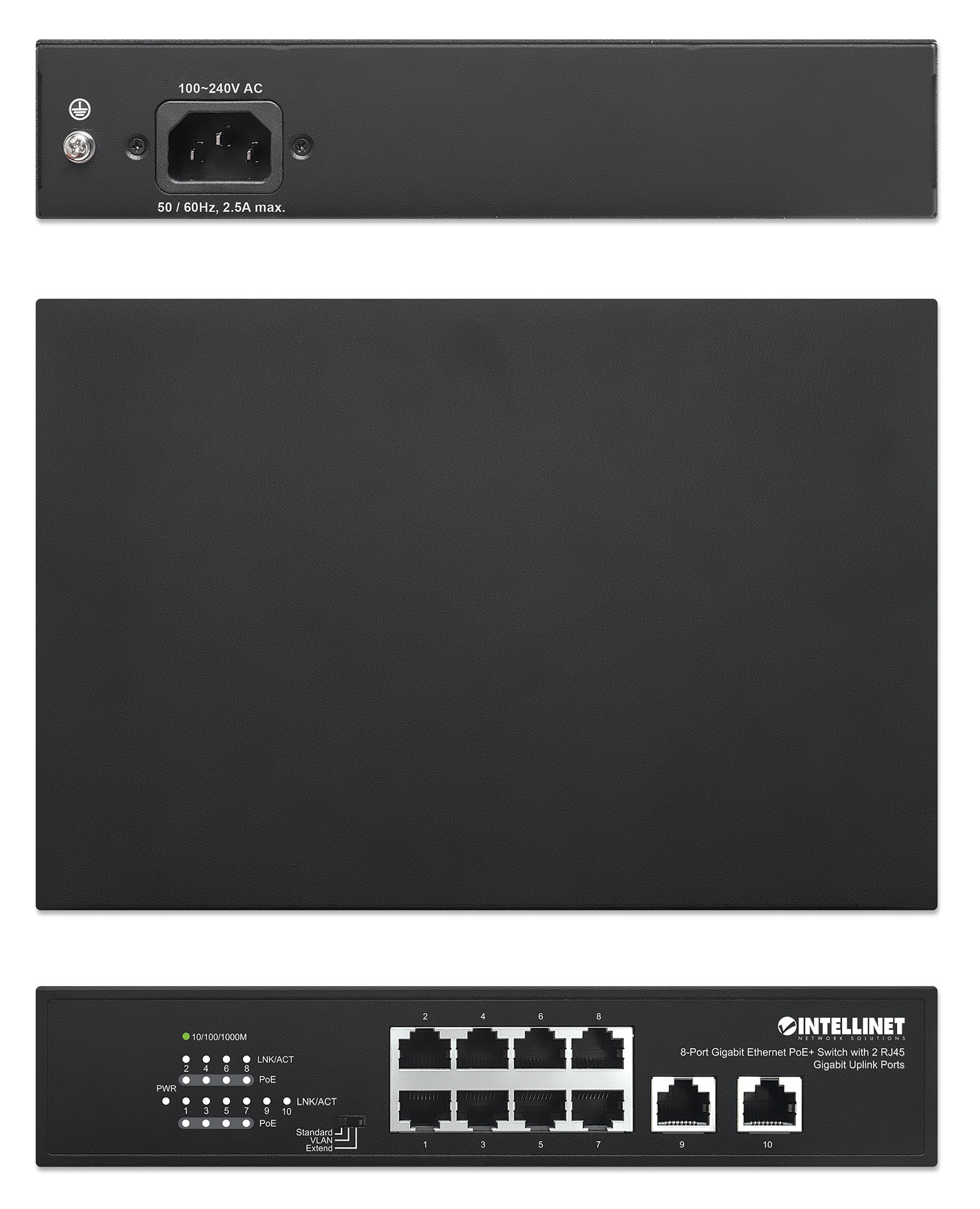 INTELLINET 8-Port Gigabit Ethernet PoE+ Switch mit 2 RJ45 Gigabit Uplink-Ports IEEE 802.3at/af PoE+/PoE-konform 120W Endspan Desktop