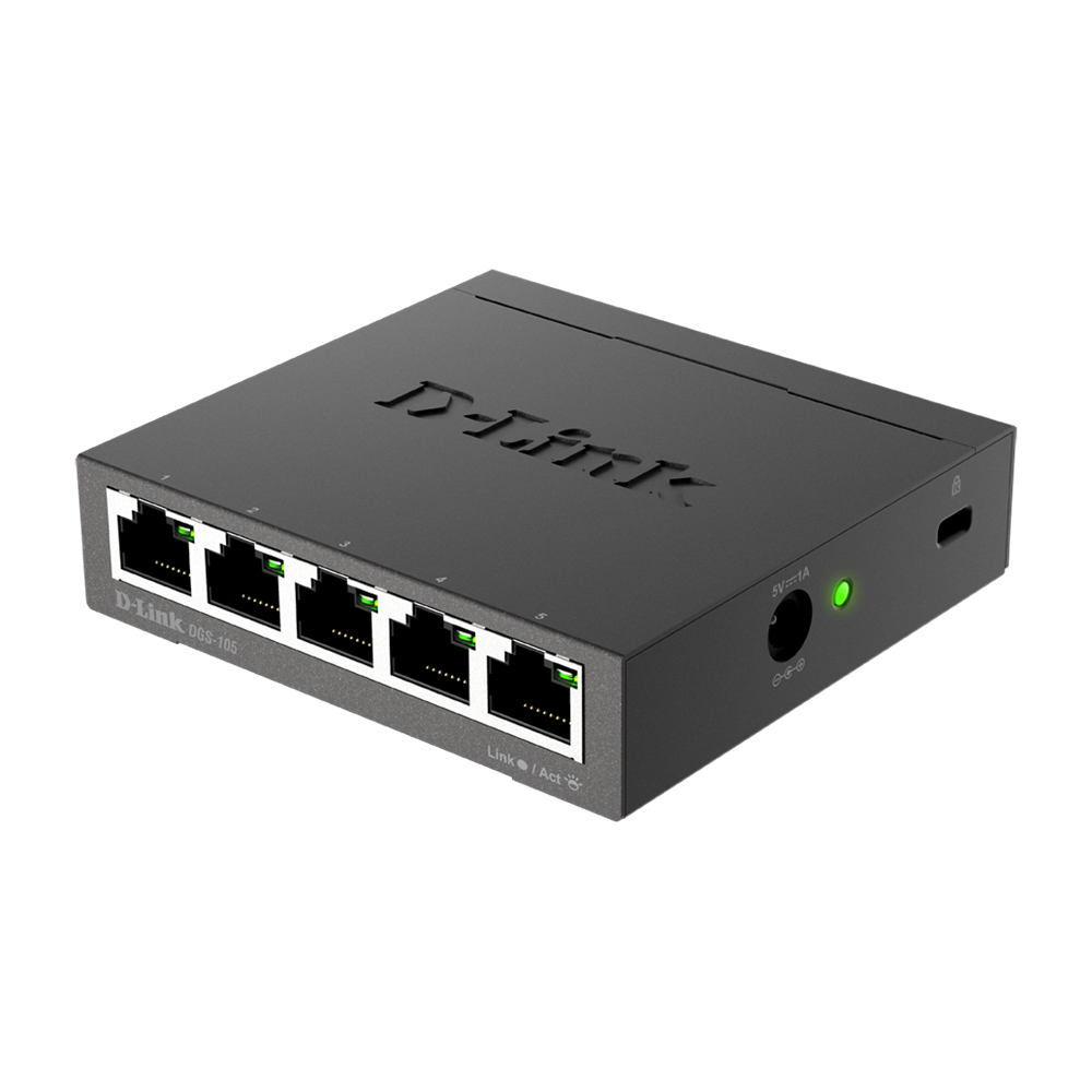 D-LINK DGS-105 5-Port Layer 2 unmanaged Gigabit Switch 5x 10/100/1000 Mbit/s BaseT Port Plug & Play lüfterlos Metallgehäuse