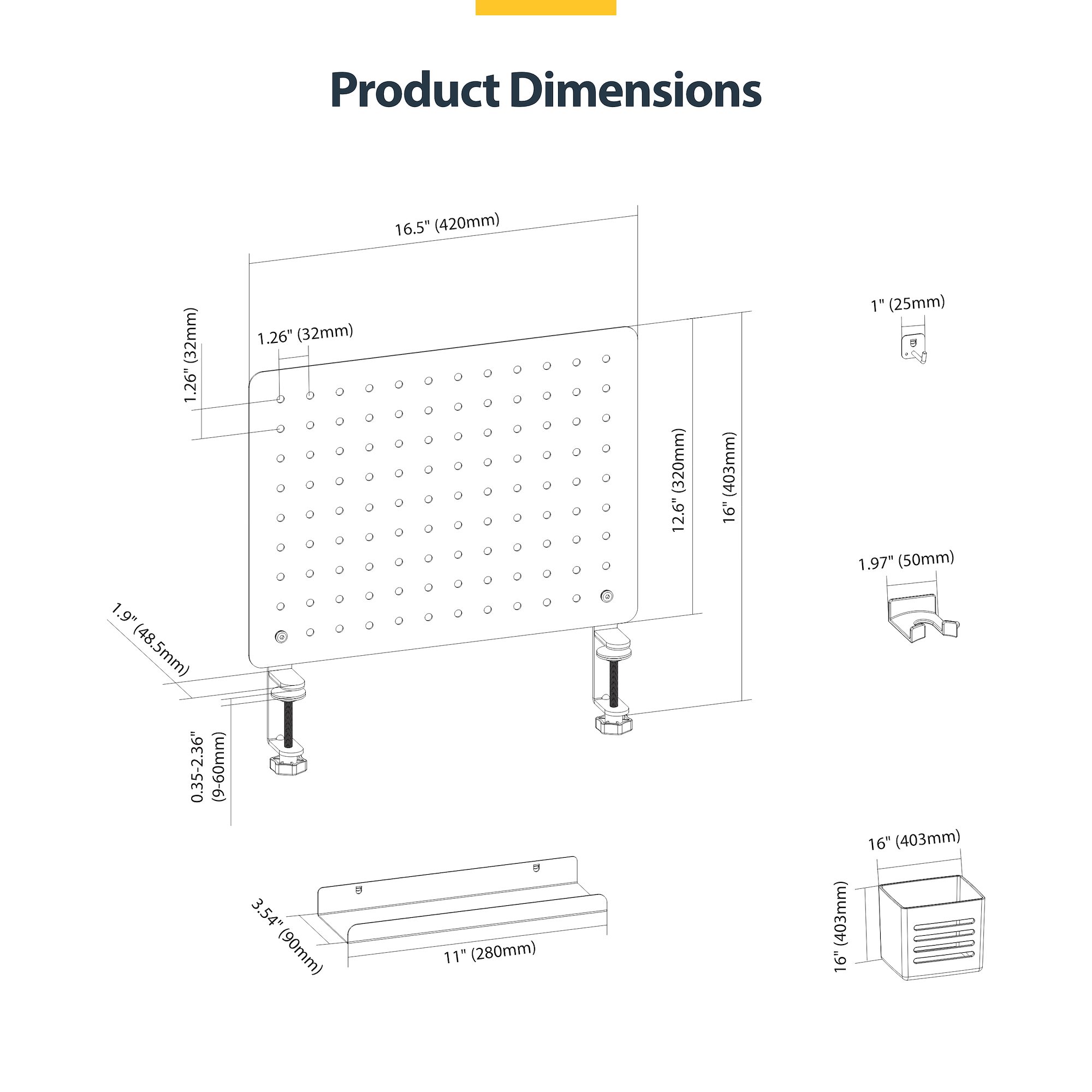 CLAMP-ON PEGBOARD ORGANIZER WITH ACCESSORIES STEEL BLACK