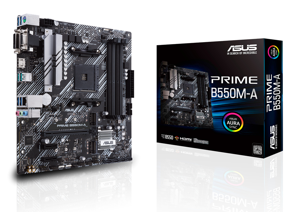 ASUS PRIME B550M-A mATX MB dual M.2 PCIe 4.0 1Gb Ethernet HDMI/D-Sub/DVI SATA 6Gbps USB3.2 Gen 2 Type-A