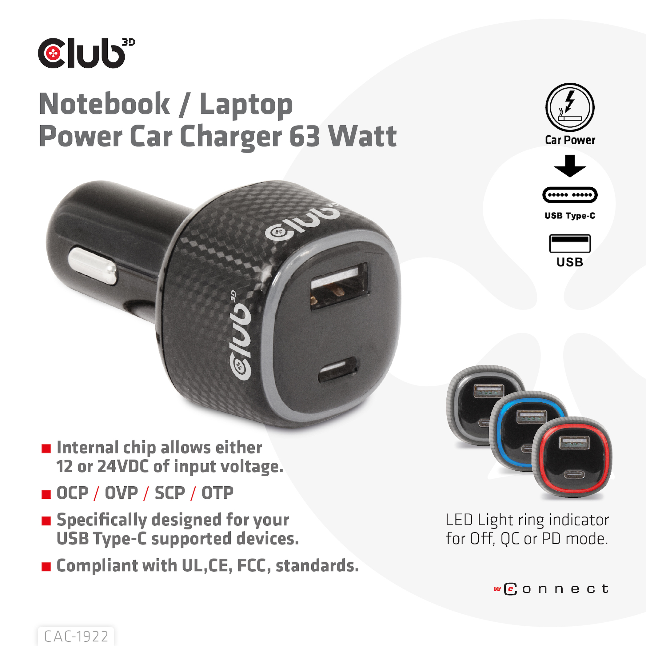 Club3D USB KFZ-Ladegerät 1xUSB C, 1xUSB A, 63W, 12/24V retail
