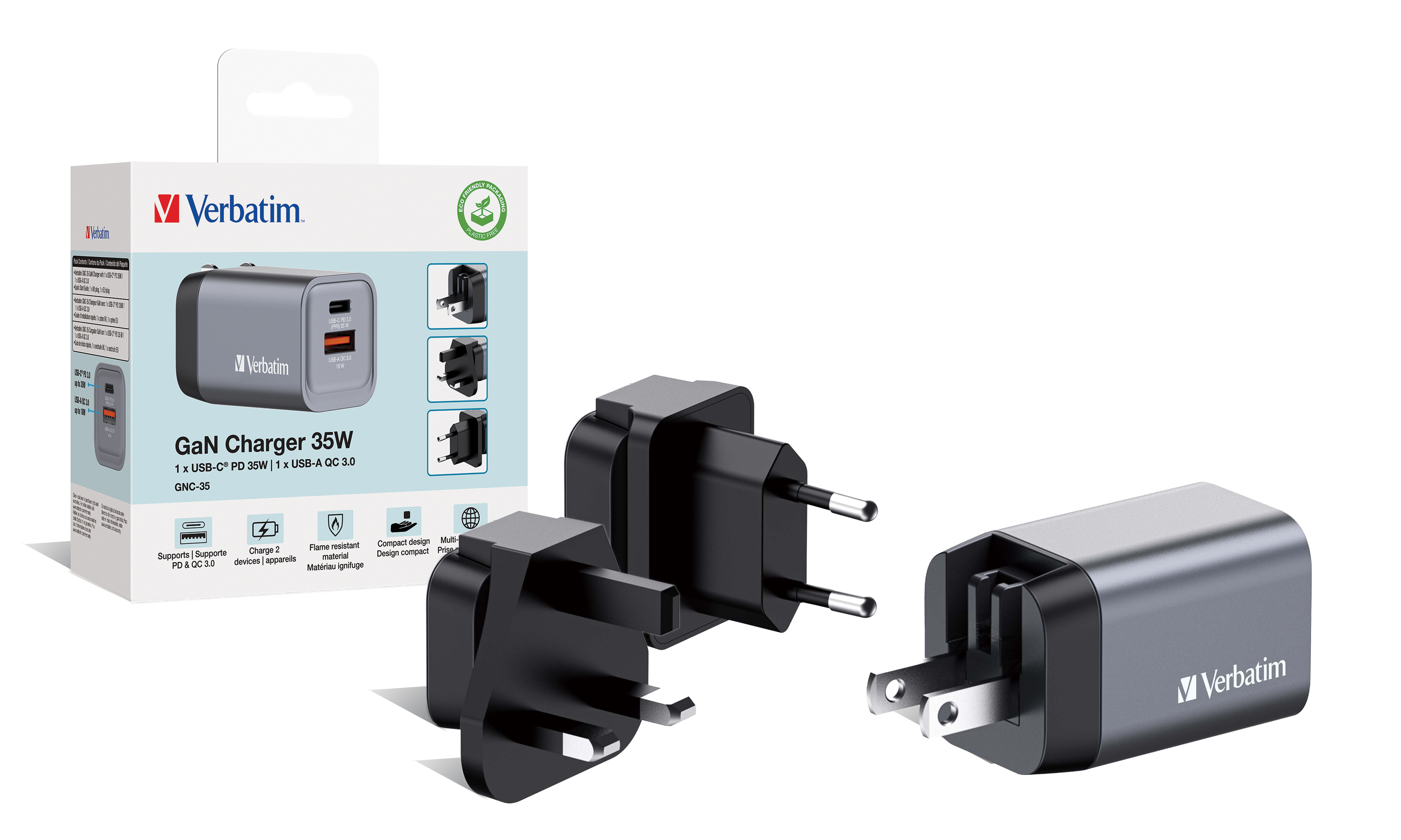 Verbatim GNC-35 GaN Charger 34W 1xUSB-C PD, 1xUSB-A QC 3.0 32200