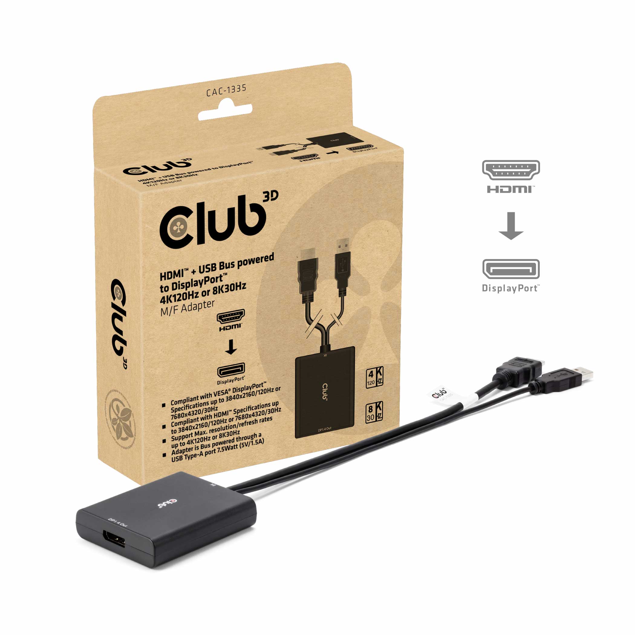 Club3D Adapter HDMI + MicroUSB > DP 4K120Hz aktiv St/Bu retail