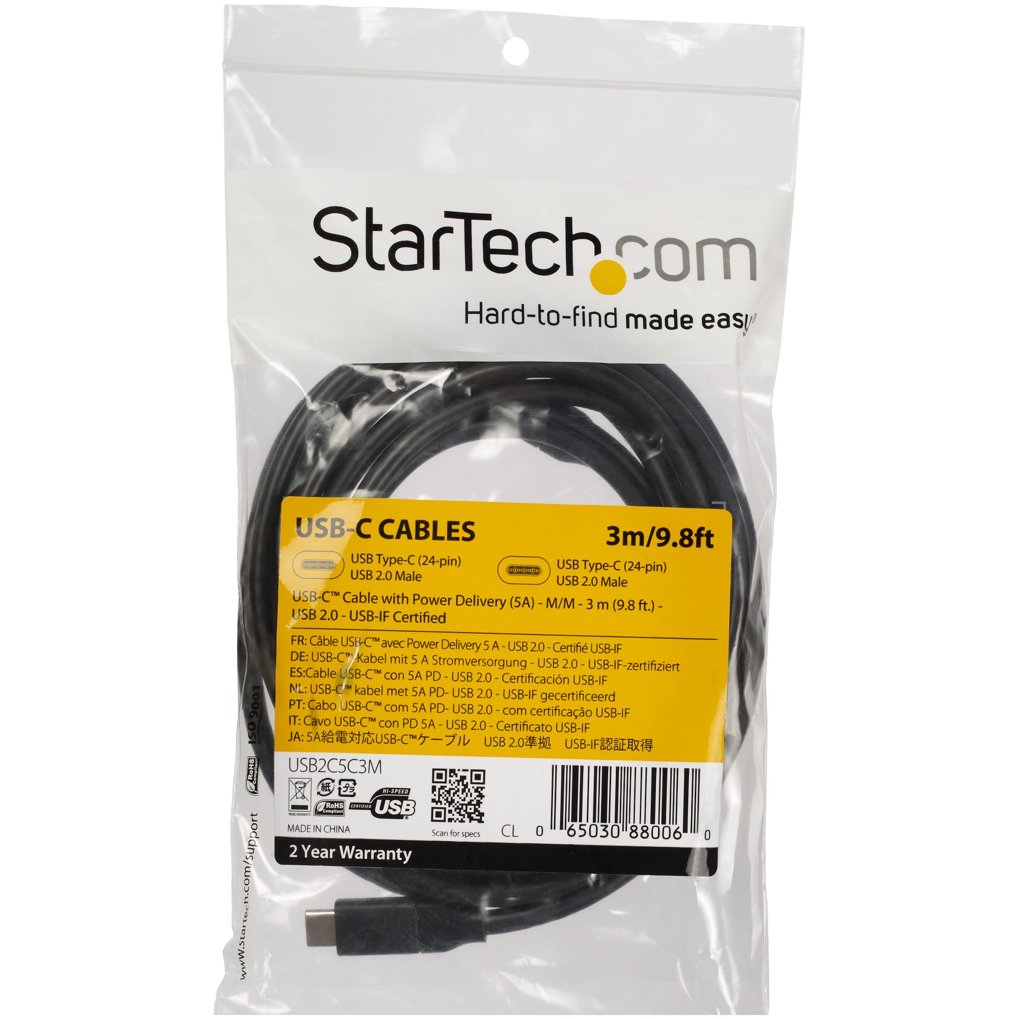 STARTECH.COM USB C To USB C Cable - 10 ft / 3m - USB-IF Certified - 5A PD - USB 2.0 - USB Type C Charging Cable - USB C Fast Charge