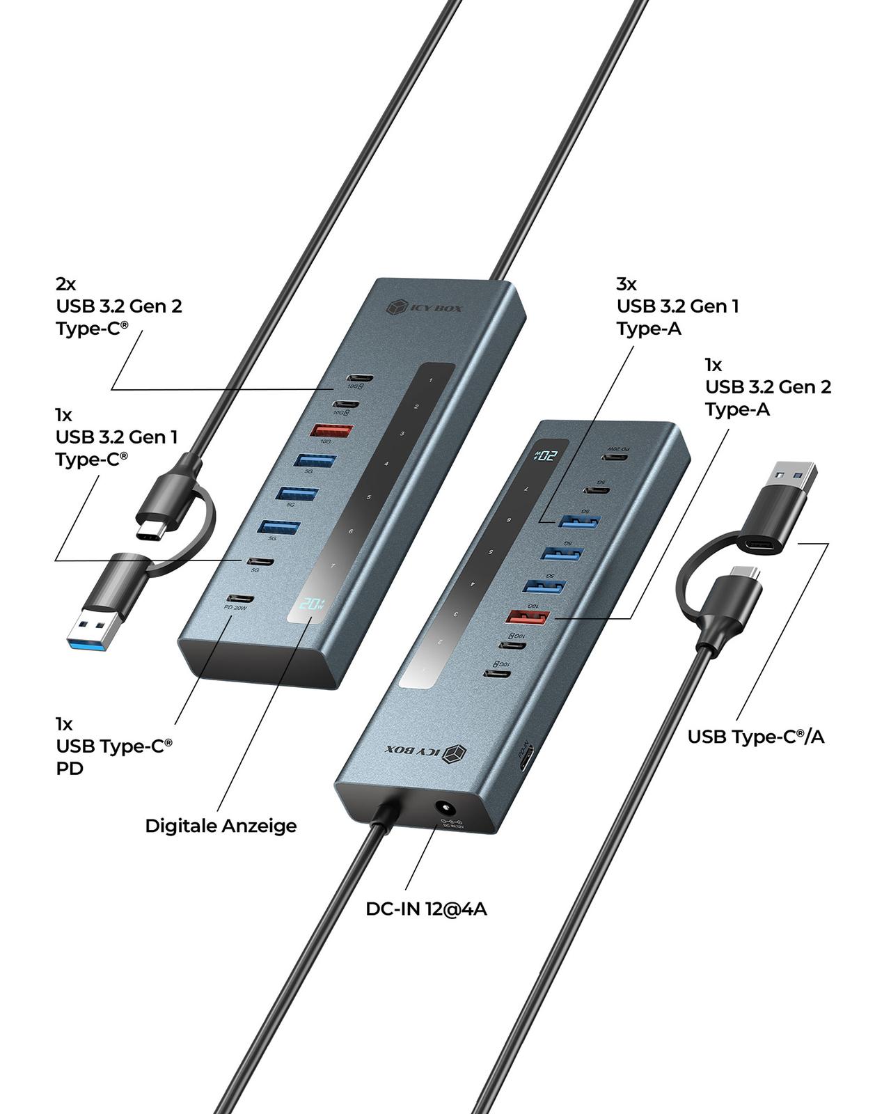 Hub 9-in-1 Hub IcyBox USB 3.2 mit Type-C/Type-A Anschluss