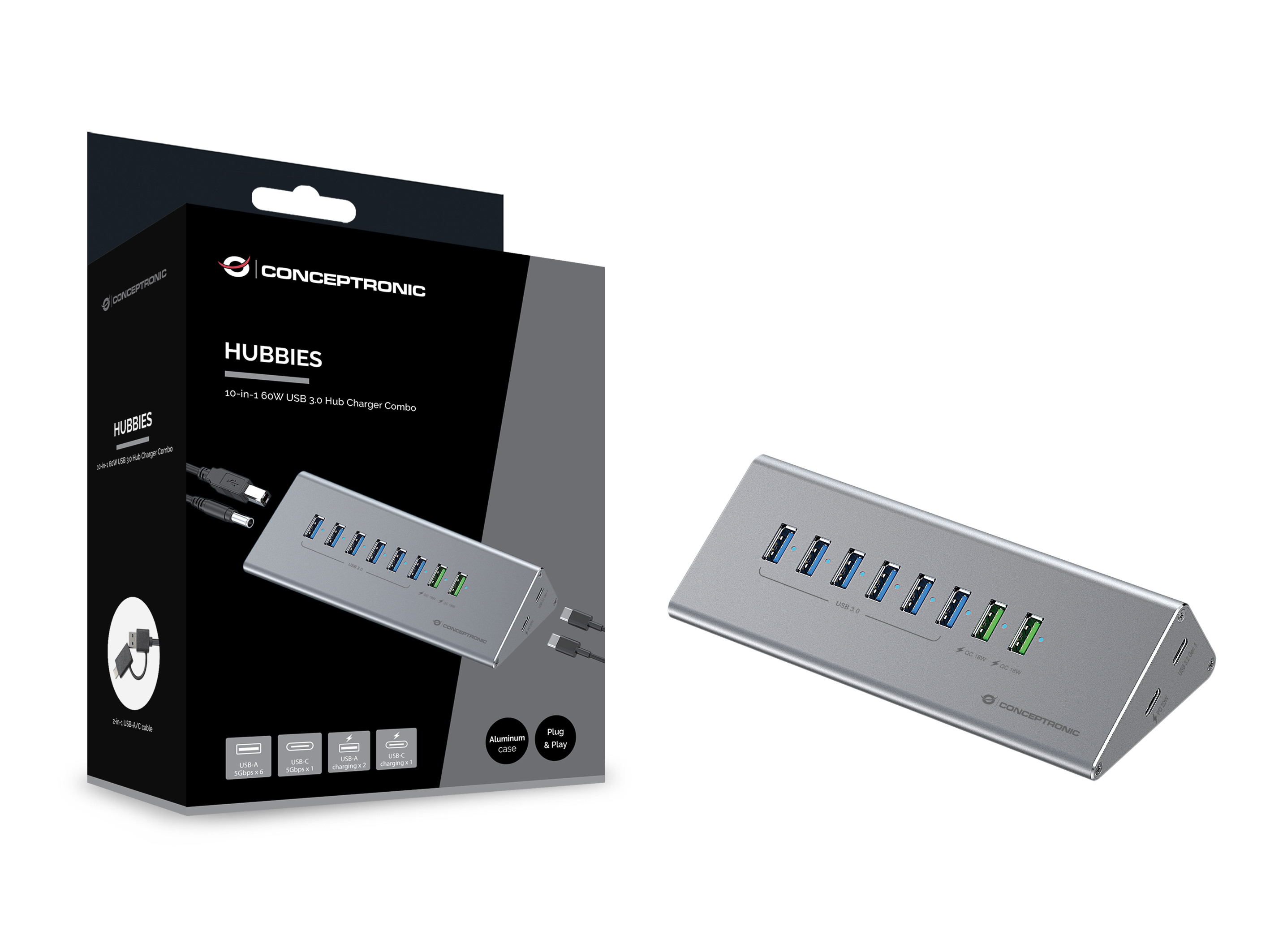 CONCEPTRONIC10-Port Hub USB-A3.0/-C Adap.->6xA3.0+m.Netz. gr