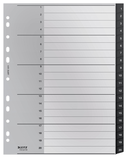 LEITZ Ordnerregister recycle 1211 DIN A4 Vollformat, Überbreite 1-20 schwarz 20-teilig, 1 Satz